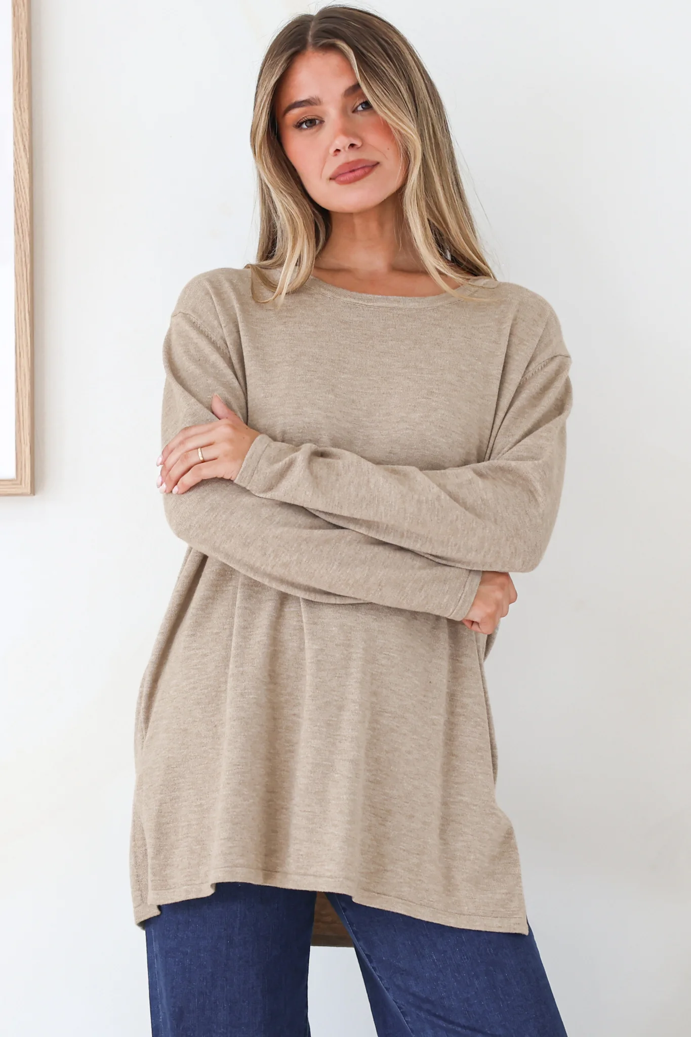 Rylee Jumper - Crew Neck Long Sleeve Pullover with Side Splits in Taupe - Image 3