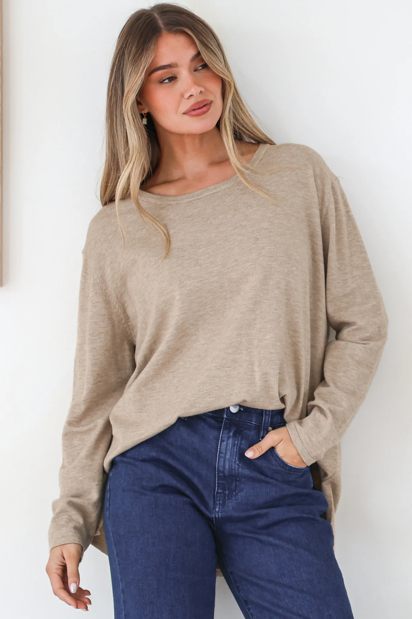 Rylee Jumper - Crew Neck Long Sleeve Pullover with Side Splits in Taupe - Image 6