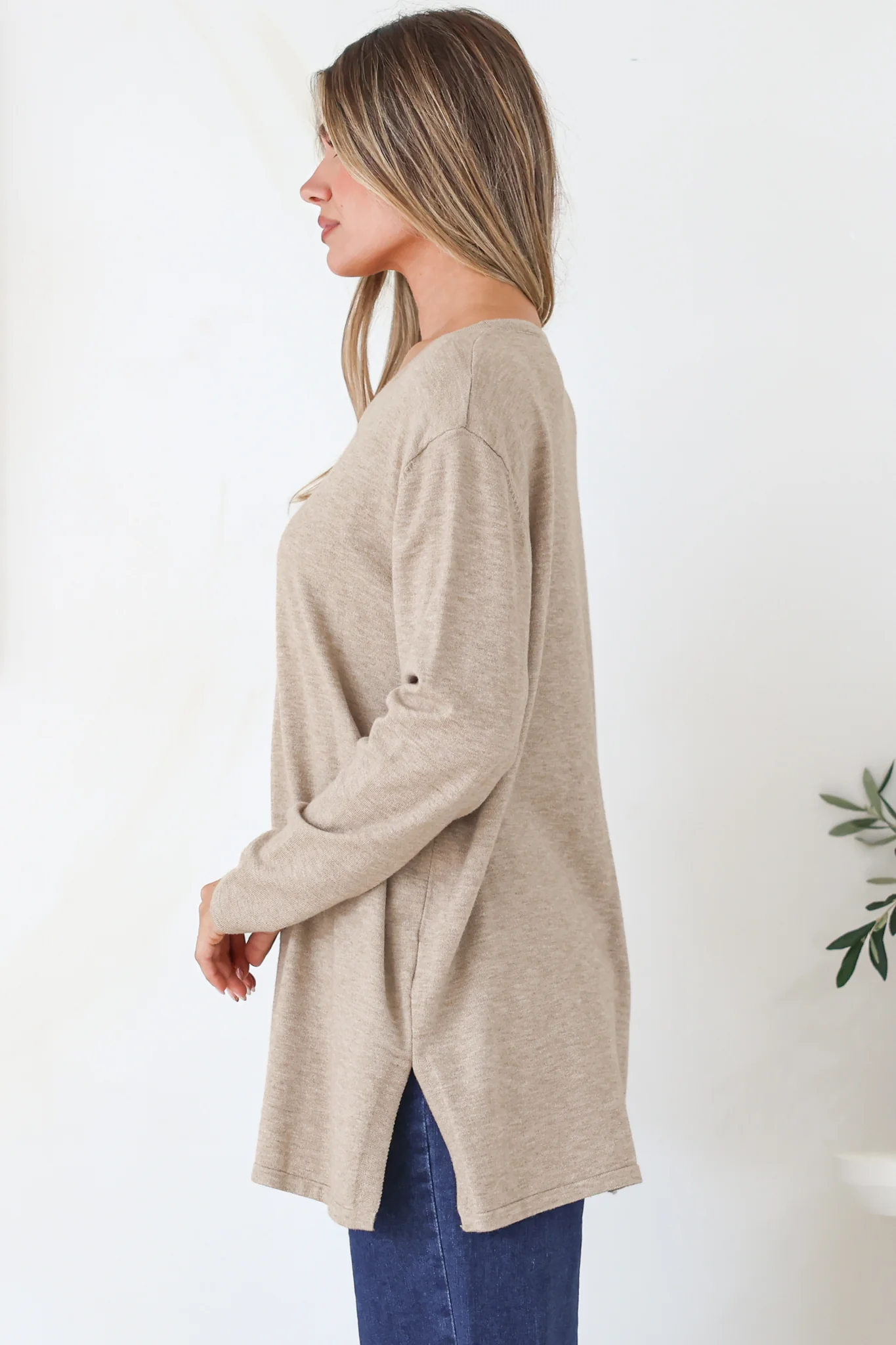 Rylee Jumper - Crew Neck Long Sleeve Pullover with Side Splits in Taupe - Image 7