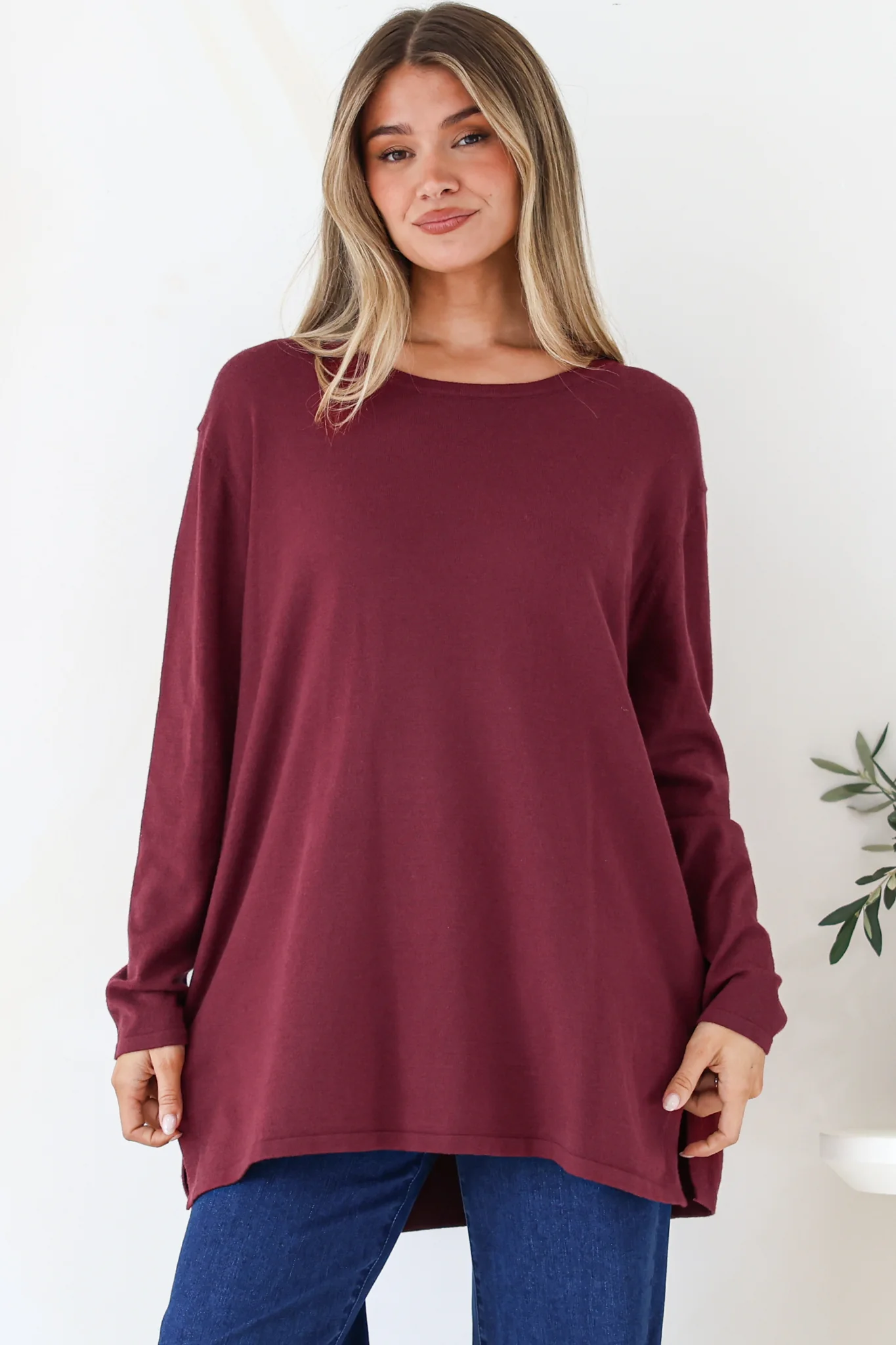 Rylee Jumper - Crew Neck Long Sleeve Pullover with Side Splits in Wine - Image 2