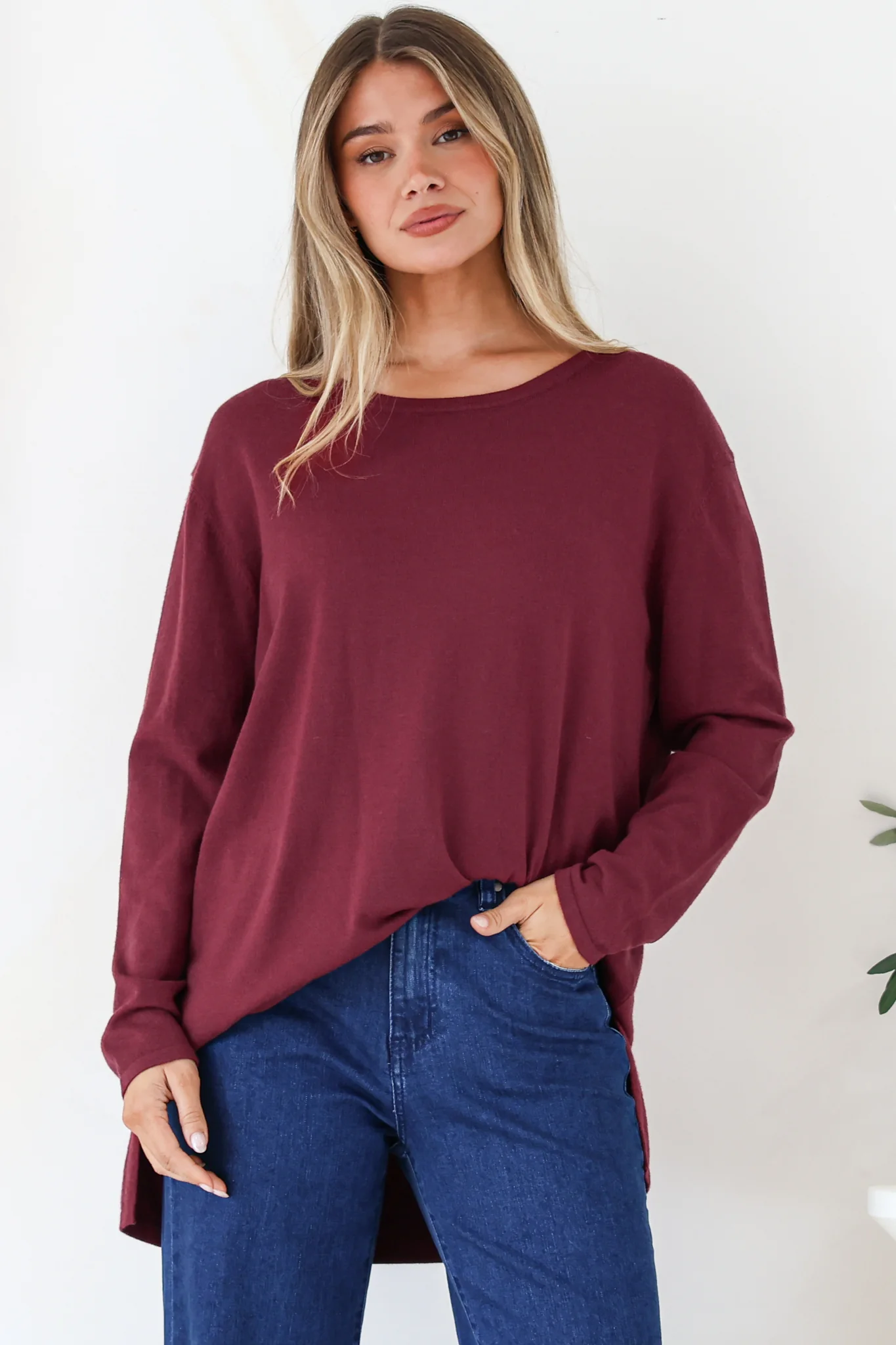 Rylee Jumper - Crew Neck Long Sleeve Pullover with Side Splits in Wine - Image 3