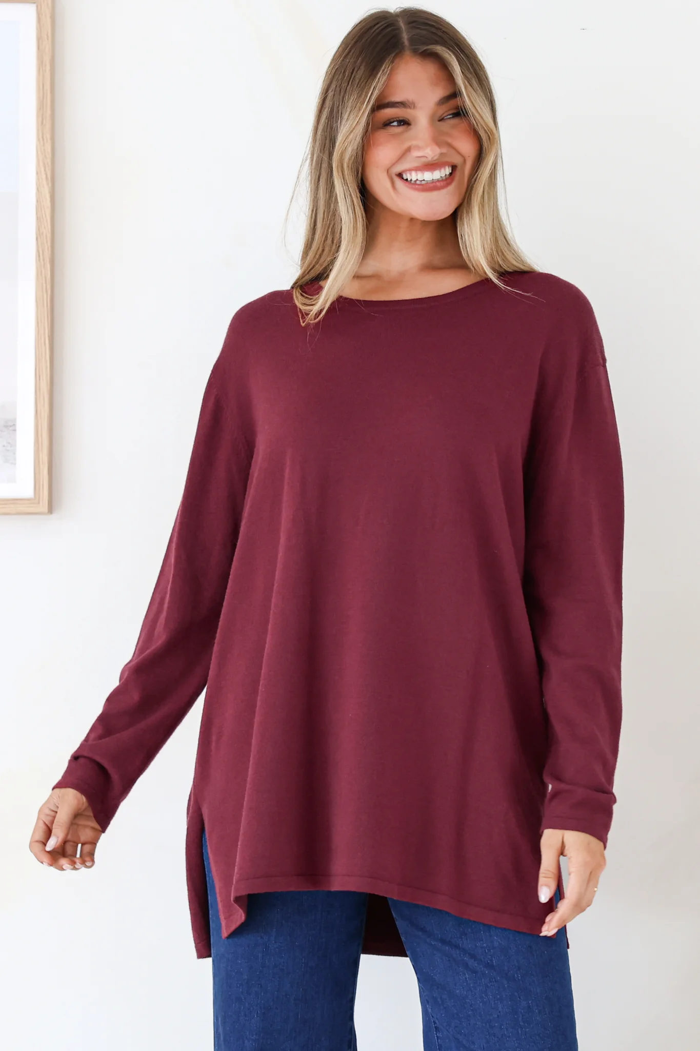 Rylee Jumper - Crew Neck Long Sleeve Pullover with Side Splits in Wine - Image 4