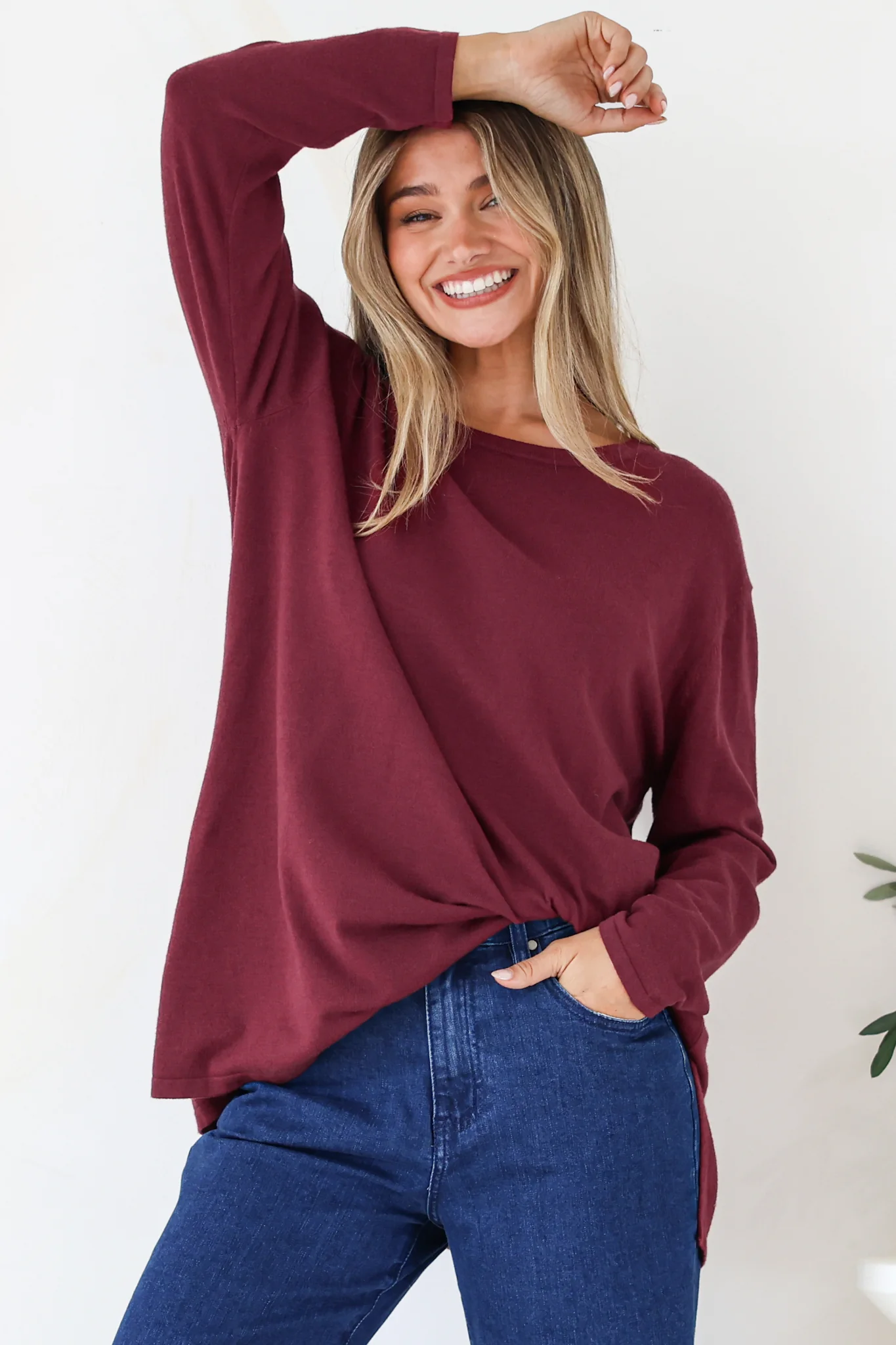 Rylee Jumper - Crew Neck Long Sleeve Pullover with Side Splits in Wine - Image 5