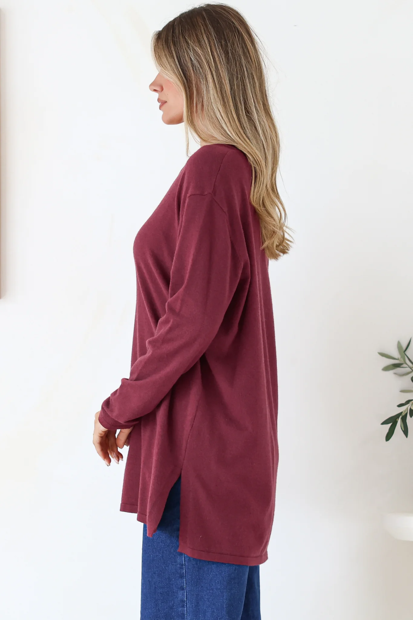 Rylee Jumper - Crew Neck Long Sleeve Pullover with Side Splits in Wine - Image 6