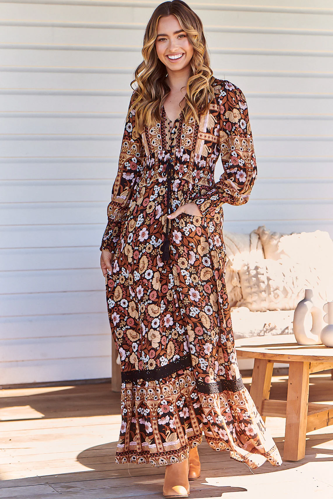 JAASE - Sabrina Maxi Dress: A Line Button Through Dress with Long Sleeves in Hennie Print - Image 2