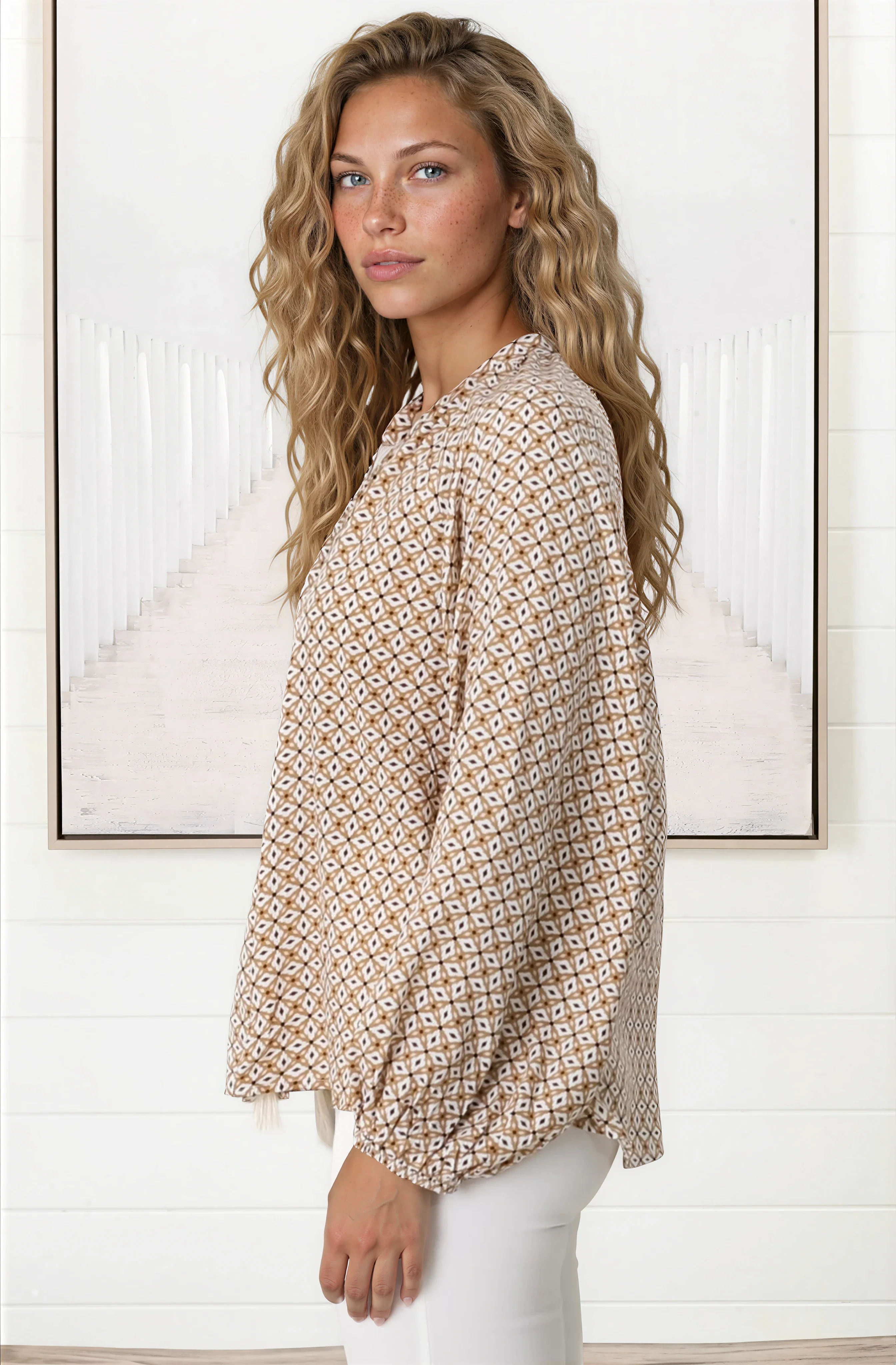 Sallie Blouse - V-Neckline Button Down Top in Retro Print - Image 7