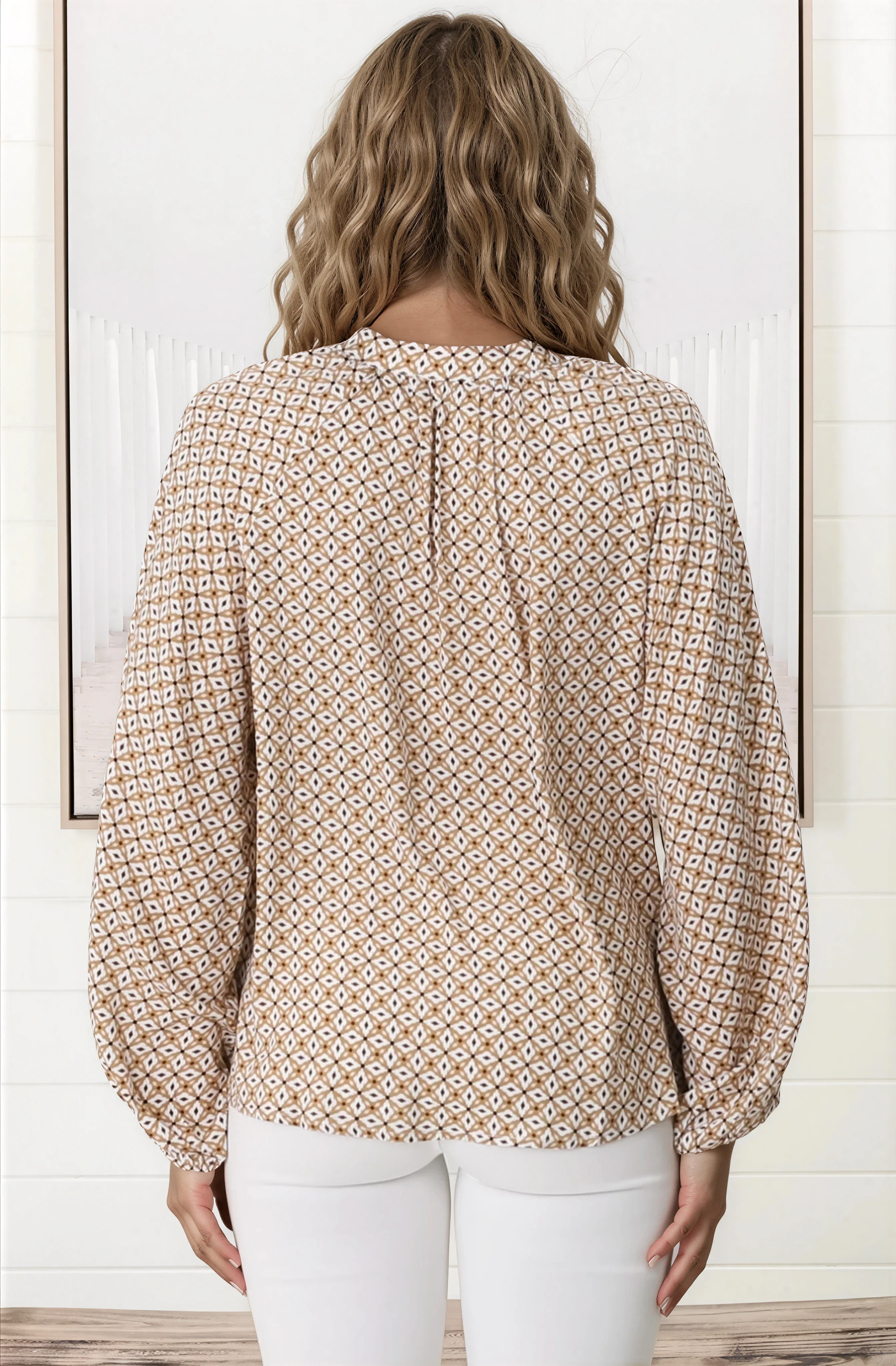 Sallie Blouse - V-Neckline Button Down Top in Retro Print - Image 8