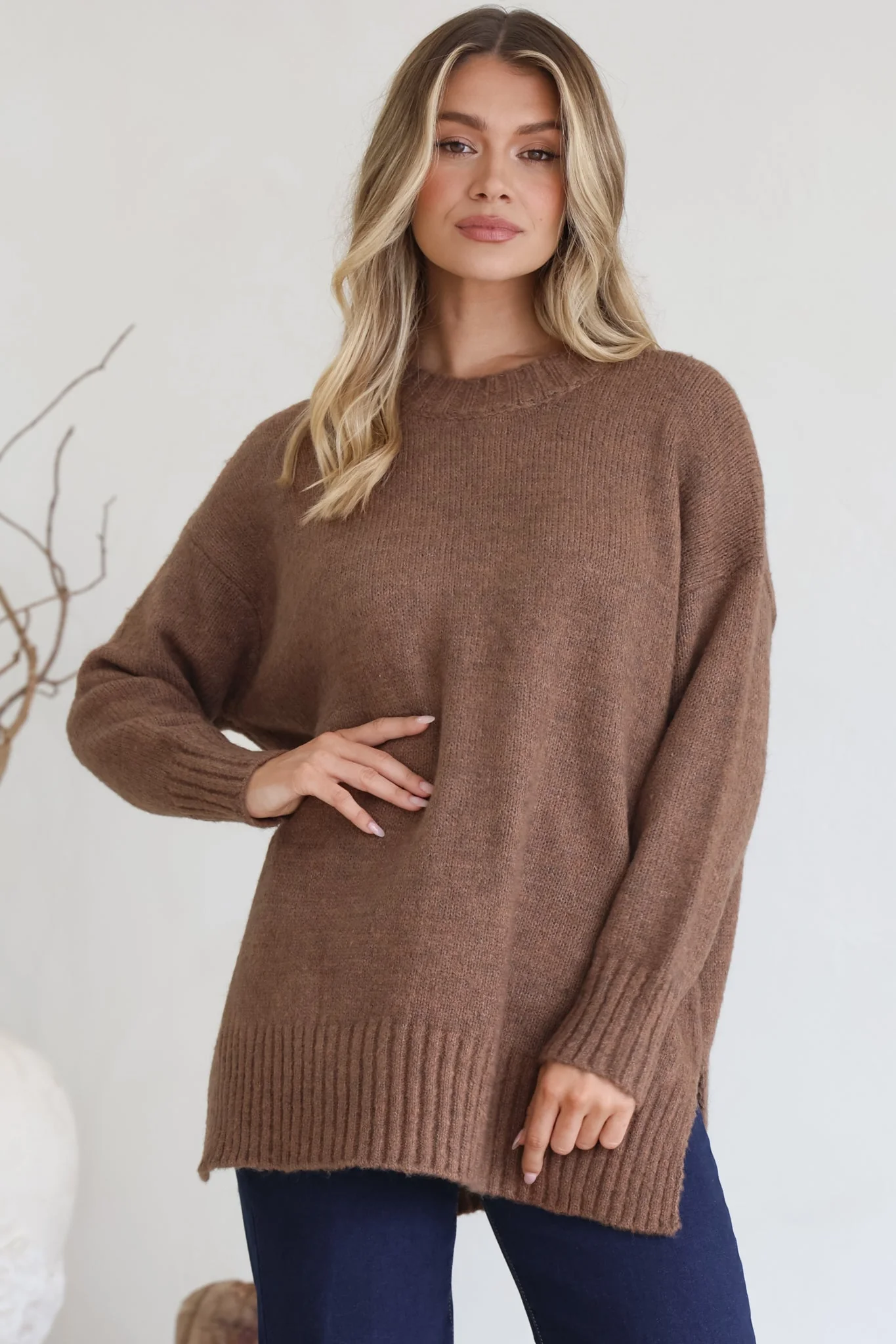 Sammy Jumper - Crew Neck Ribbed Shark Bite Hemline Jumper in Brown - Image 2