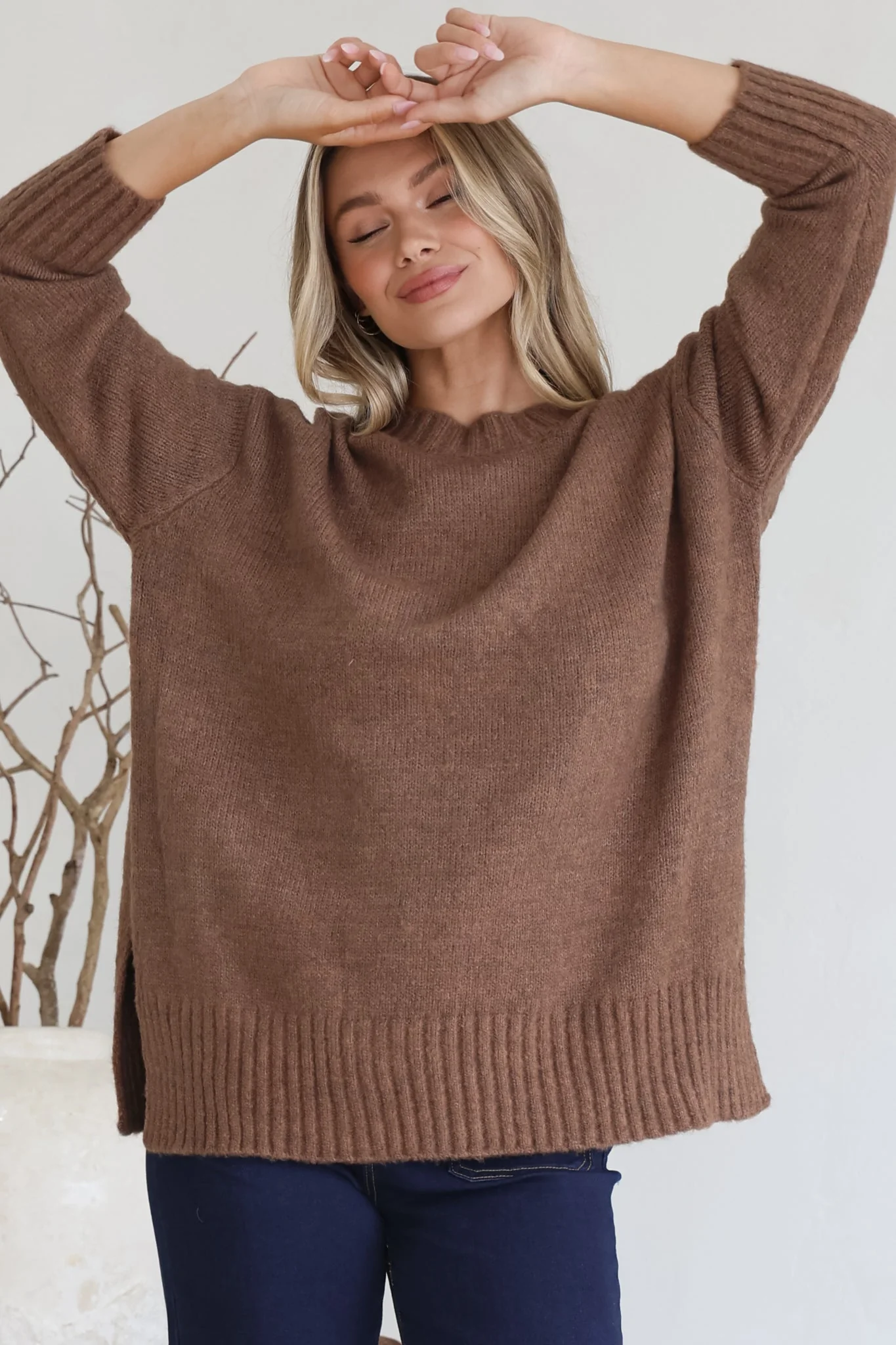 Sammy Jumper - Crew Neck Ribbed Shark Bite Hemline Jumper in Brown - Image 4