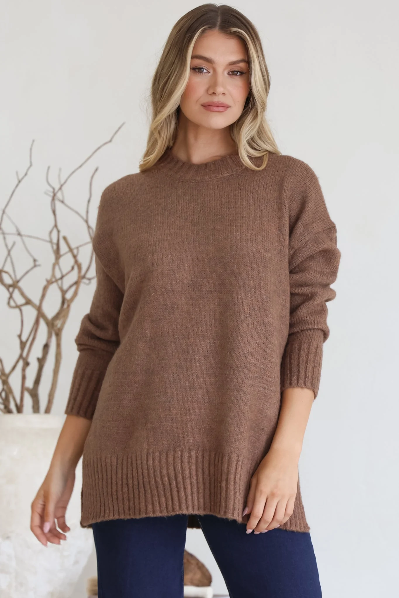 Sammy Jumper - Crew Neck Ribbed Shark Bite Hemline Jumper in Brown - Image 5