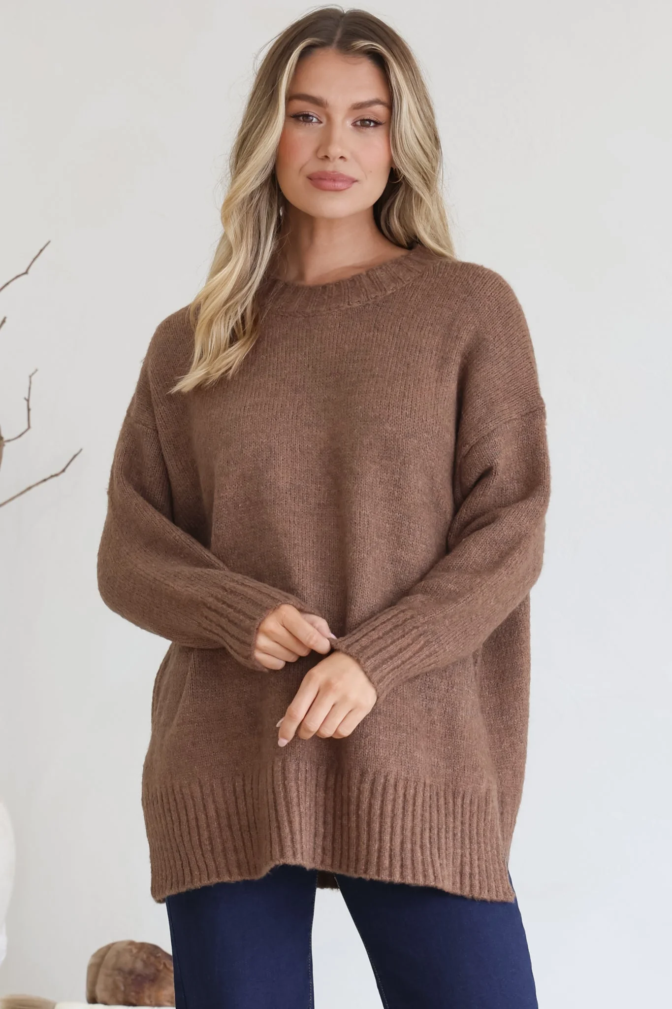 Sammy Jumper - Crew Neck Ribbed Shark Bite Hemline Jumper in Brown - Image 6