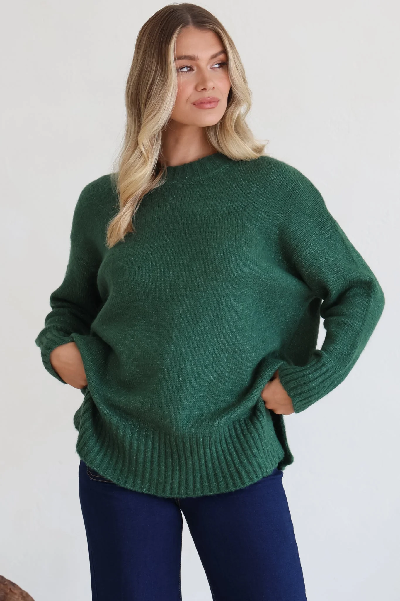 Sammy Jumper - Crew Neck Ribbed Shark Bite Hemline Jumper in Green - Image 5