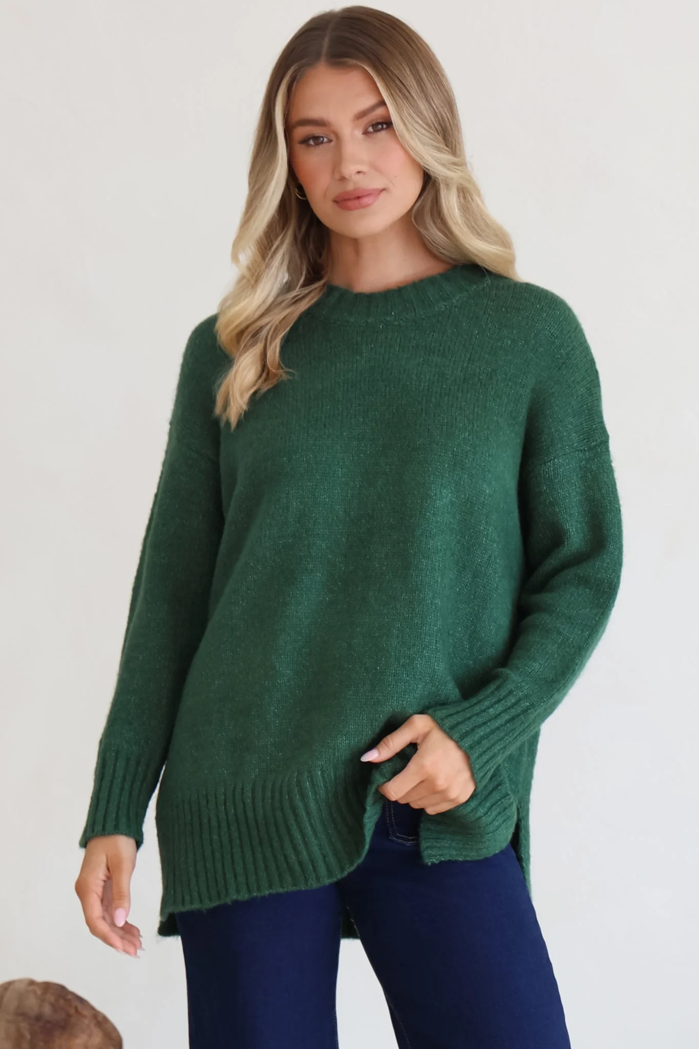 Sammy Jumper - Crew Neck Ribbed Shark Bite Hemline Jumper in Green - Image 6