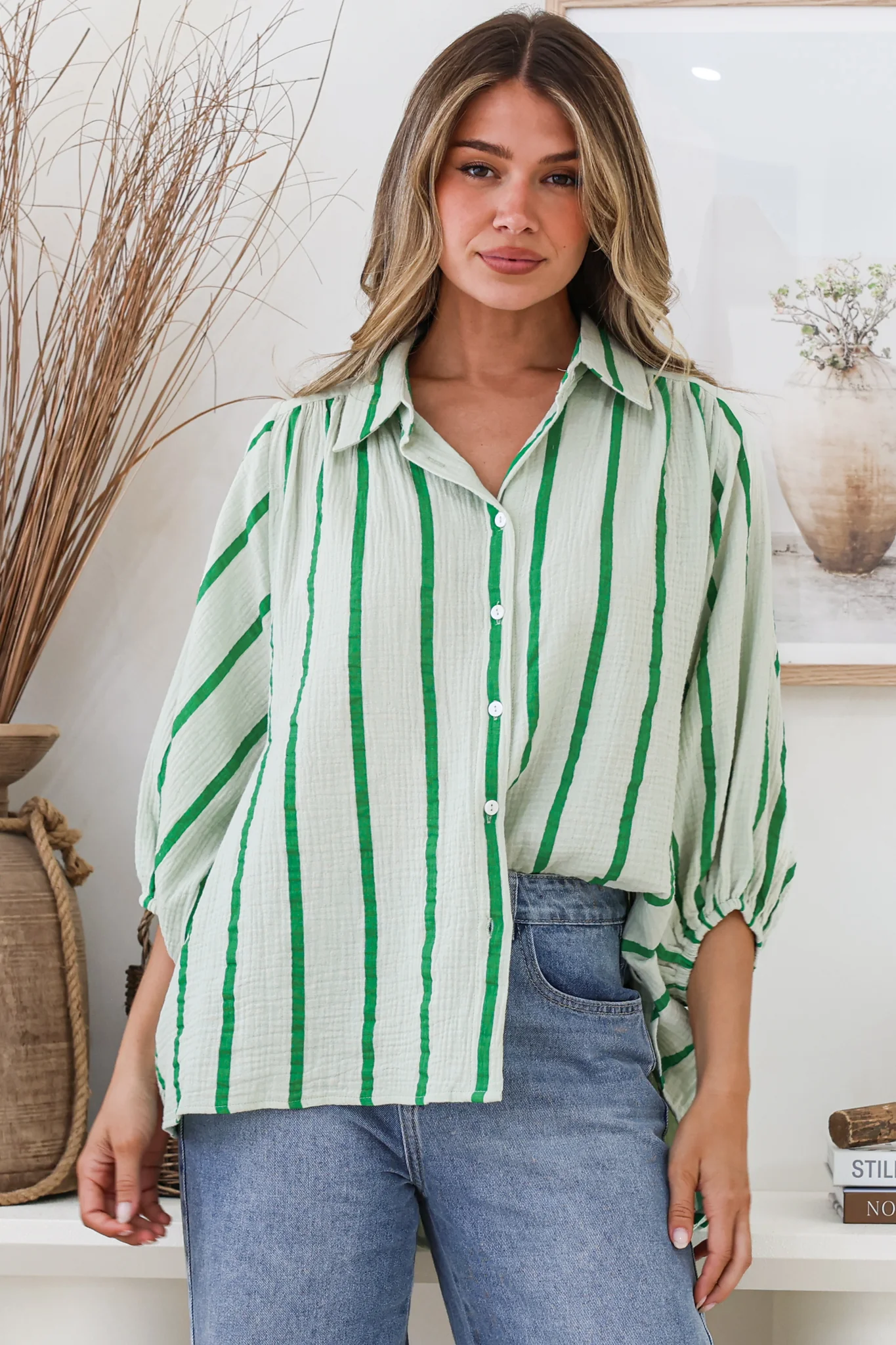 Samsara Shirt - Collared Oversized Button Down with Balloon Sleeves in Green Stripe