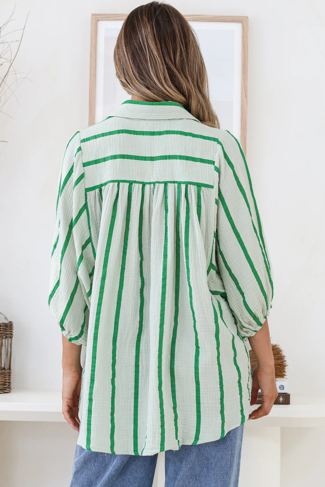 Samsara Shirt - Collared Oversized Button Down with Balloon Sleeves in Green Stripe - Image 10