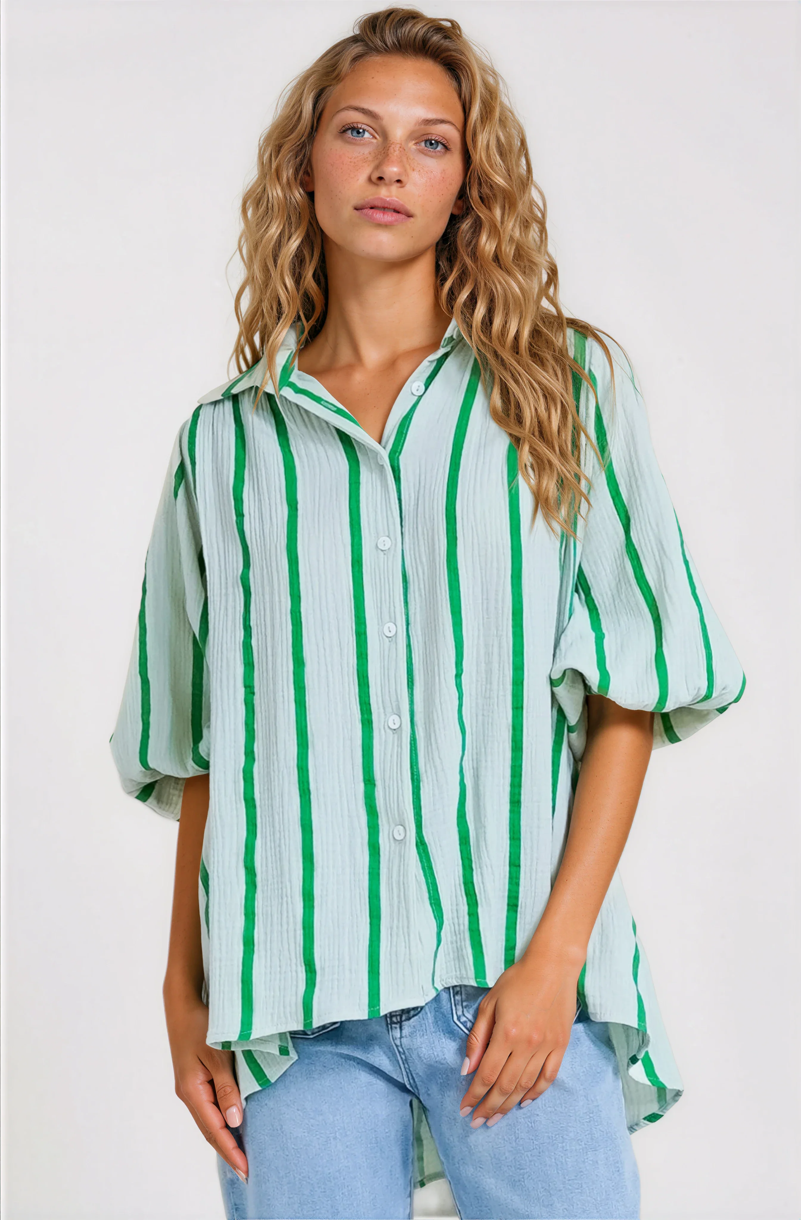 Samsara Shirt - Collared Oversized Button Down with Balloon Sleeves in Green Stripe - Image 11