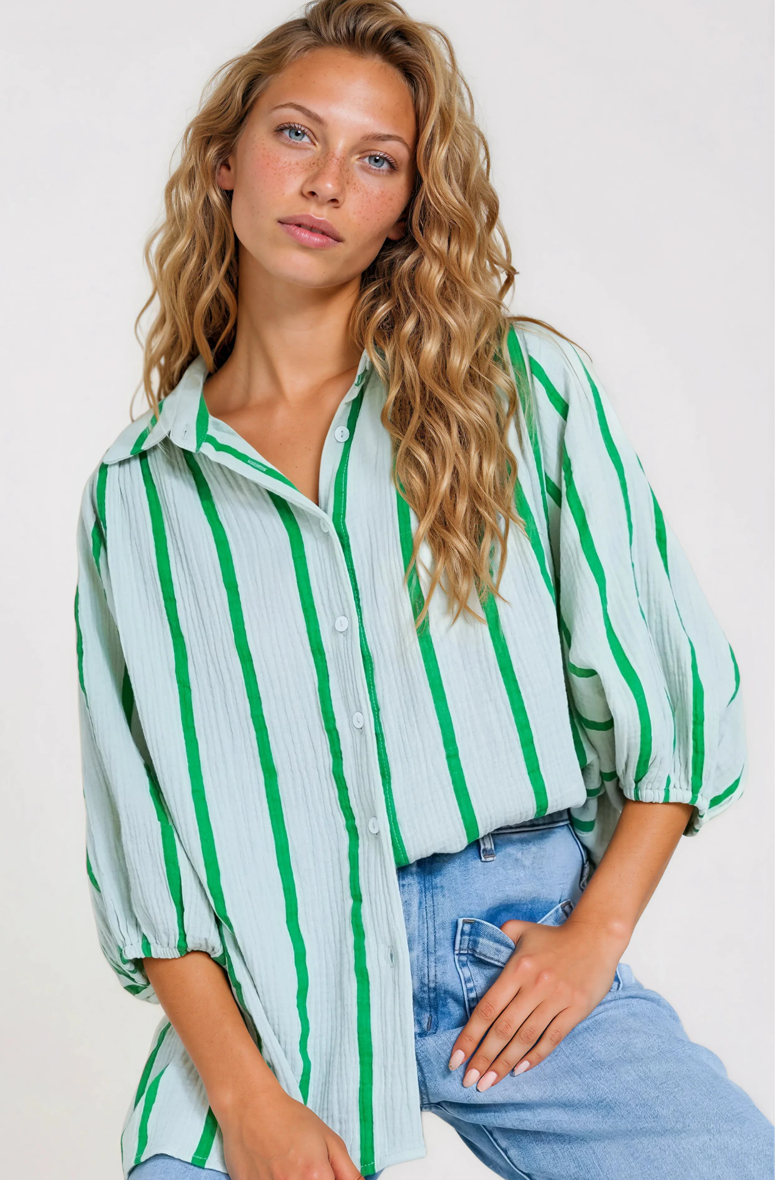 Samsara Shirt - Collared Oversized Button Down with Balloon Sleeves in Green Stripe - Image 12
