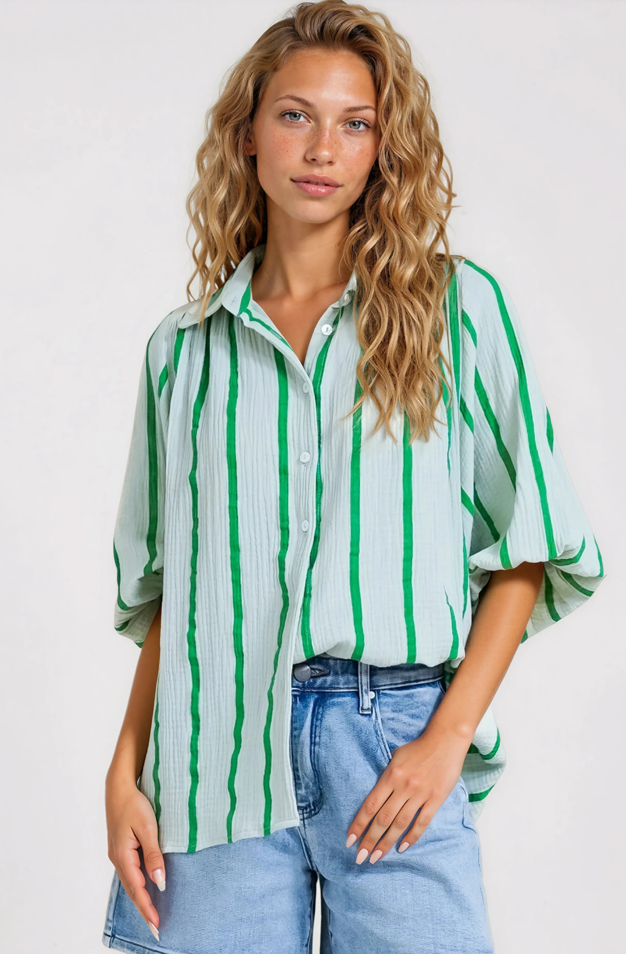 Samsara Shirt - Collared Oversized Button Down with Balloon Sleeves in Green Stripe - Image 13