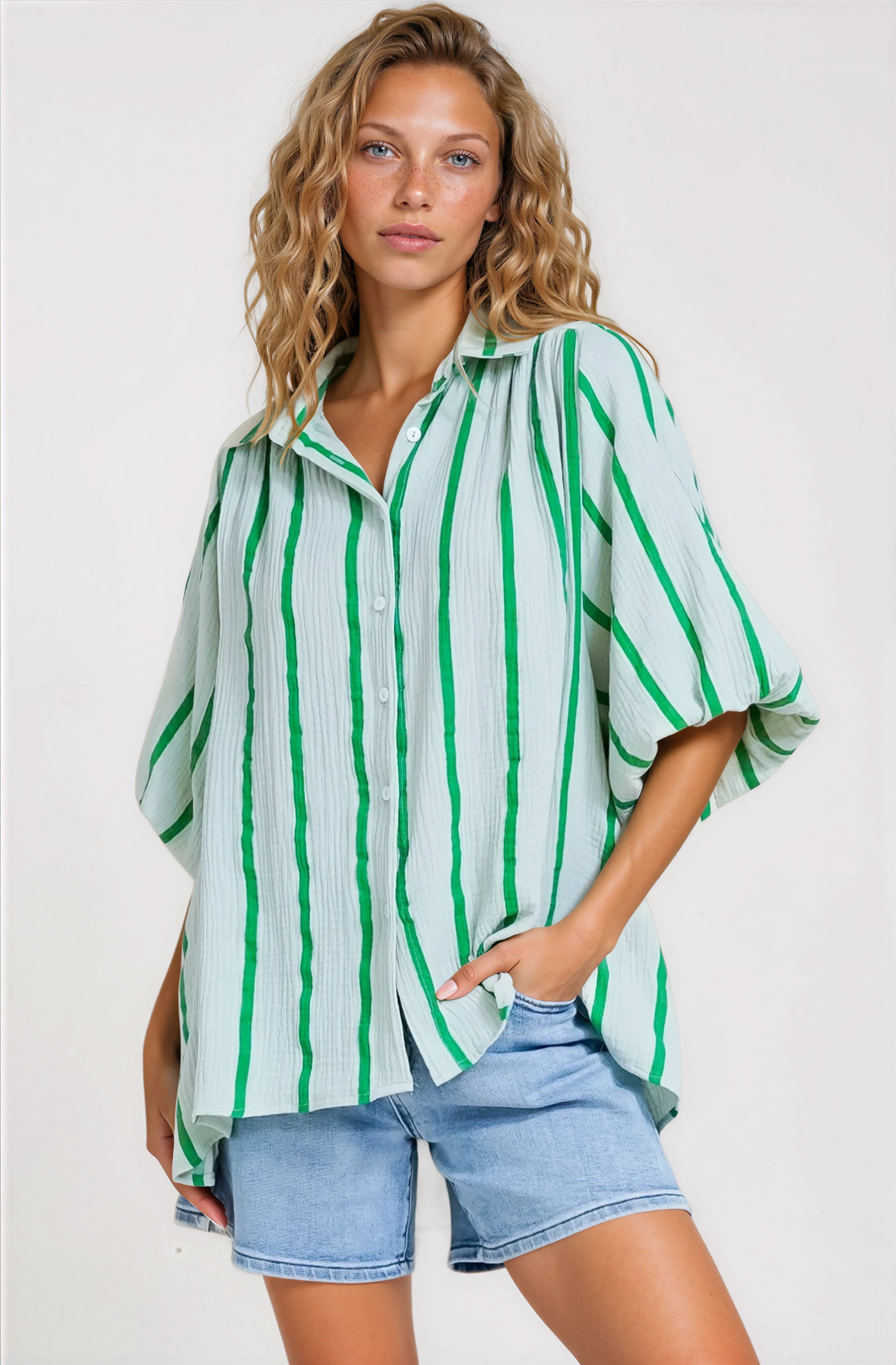 Samsara Shirt - Collared Oversized Button Down with Balloon Sleeves in Green Stripe - Image 14