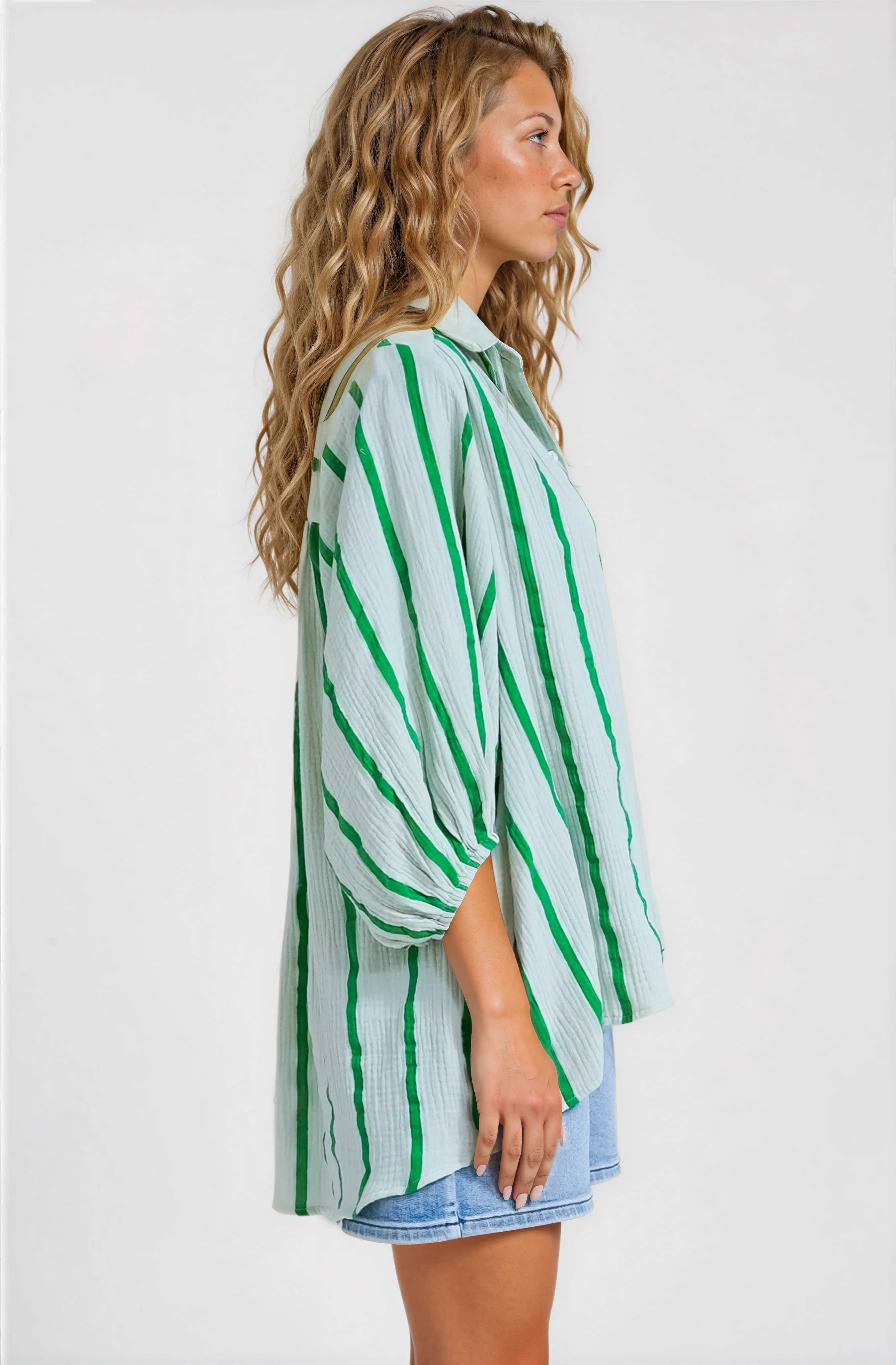 Samsara Shirt - Collared Oversized Button Down with Balloon Sleeves in Green Stripe - Image 16