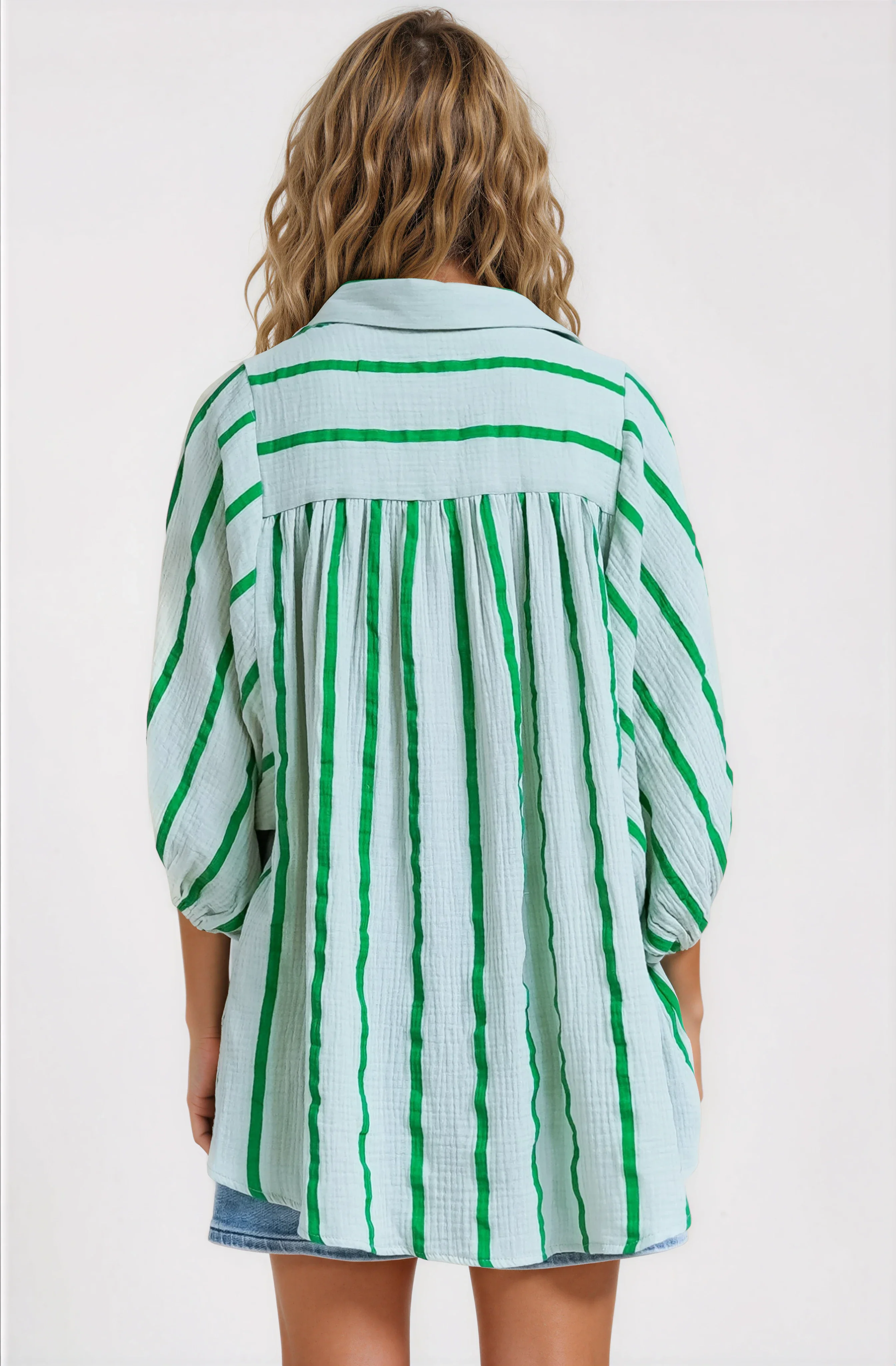 Samsara Shirt - Collared Oversized Button Down with Balloon Sleeves in Green Stripe - Image 17