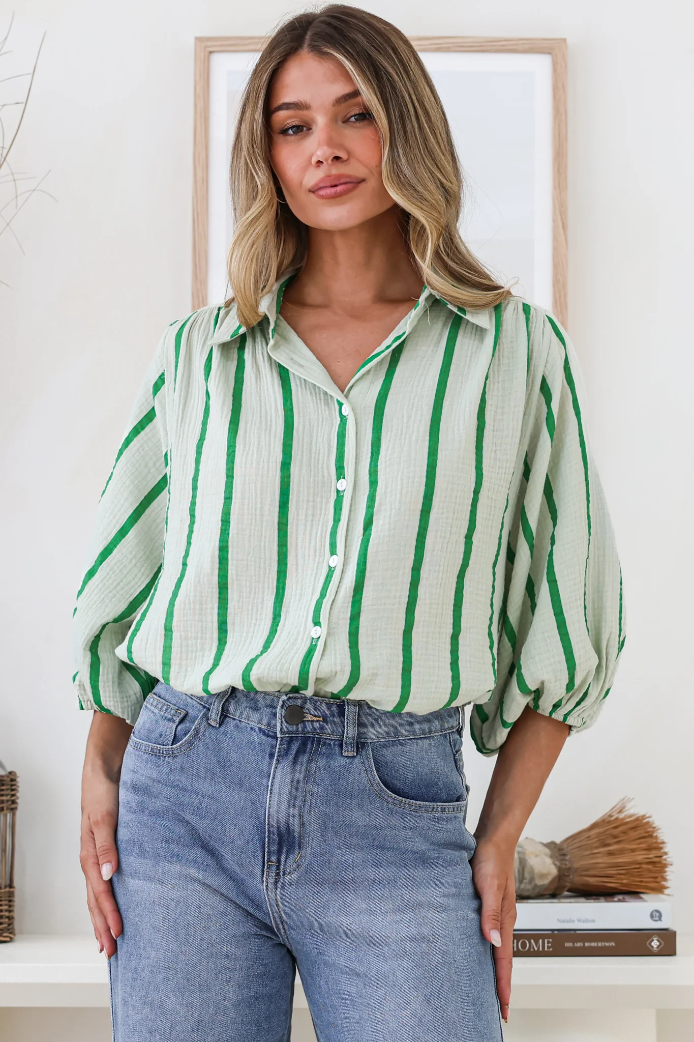 Samsara Shirt - Collared Oversized Button Down with Balloon Sleeves in Green Stripe - Image 2