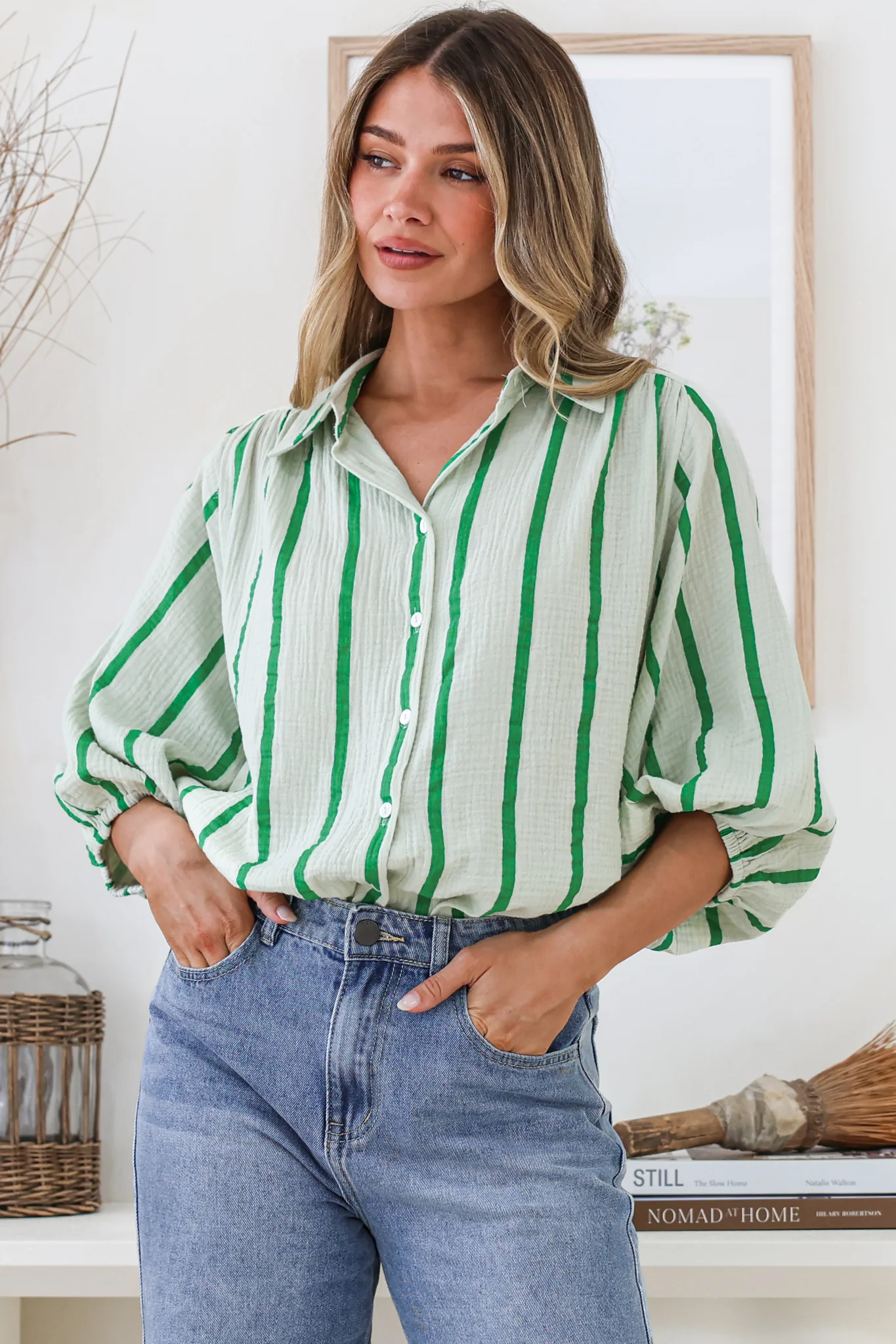 Samsara Shirt - Collared Oversized Button Down with Balloon Sleeves in Green Stripe - Image 5