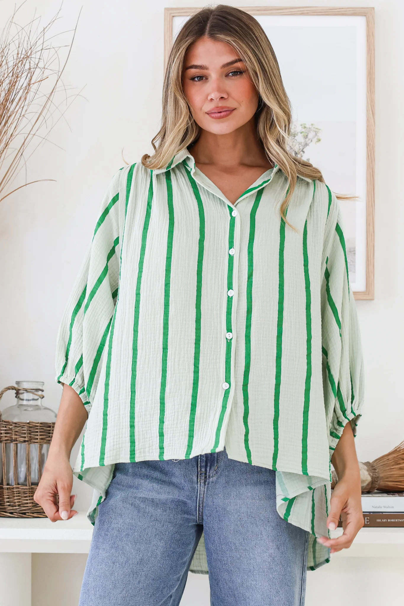 Samsara Shirt - Collared Oversized Button Down with Balloon Sleeves in Green Stripe - Image 6