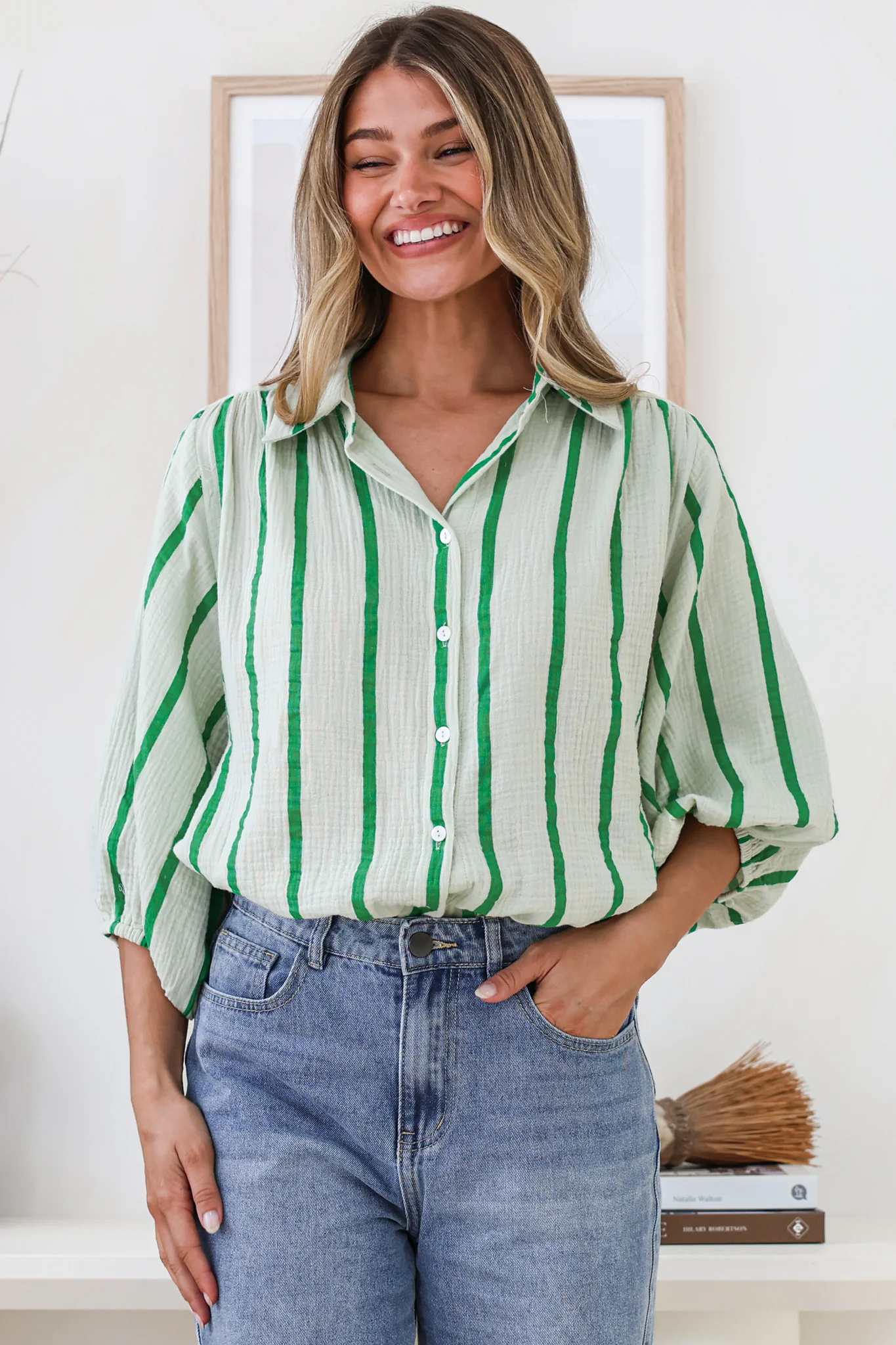 Samsara Shirt - Collared Oversized Button Down with Balloon Sleeves in Green Stripe - Image 7