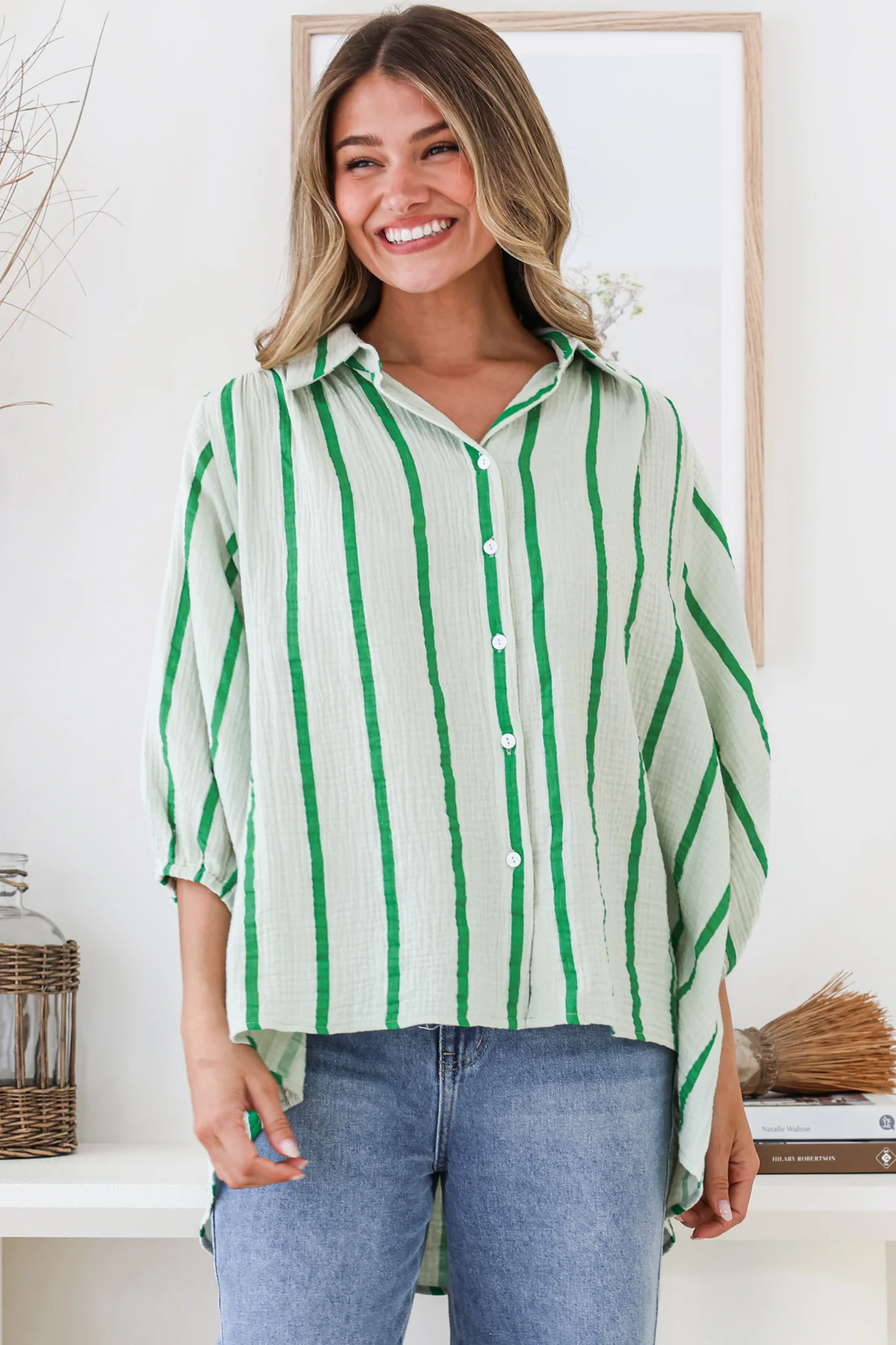 Samsara Shirt - Collared Oversized Button Down with Balloon Sleeves in Green Stripe - Image 8