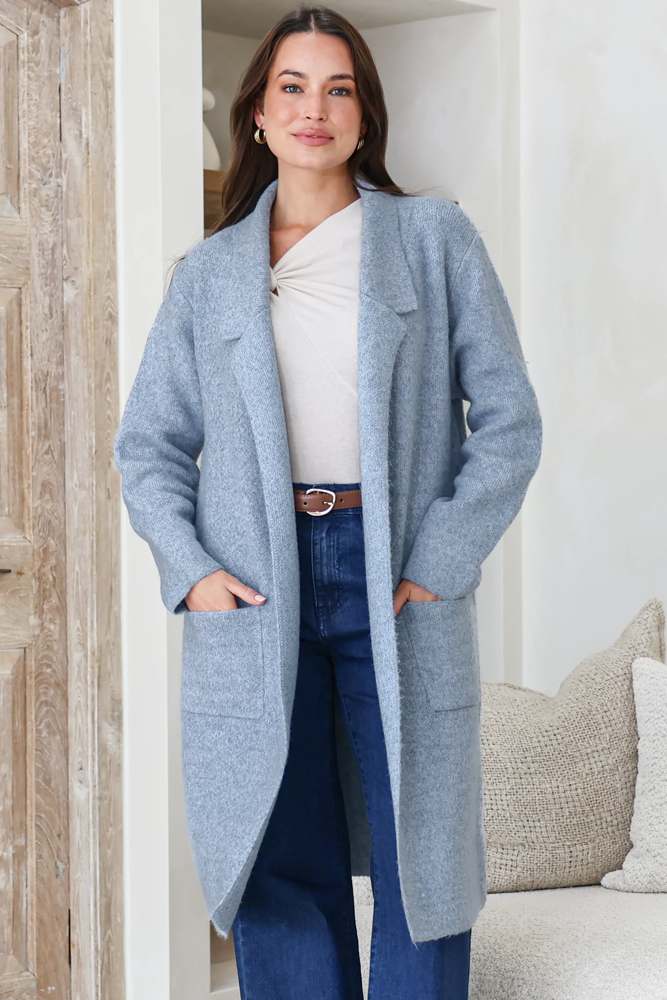 Samson Cardigan - Folded Lapel Collar Coatigan with Pockets in Blue - Image 2