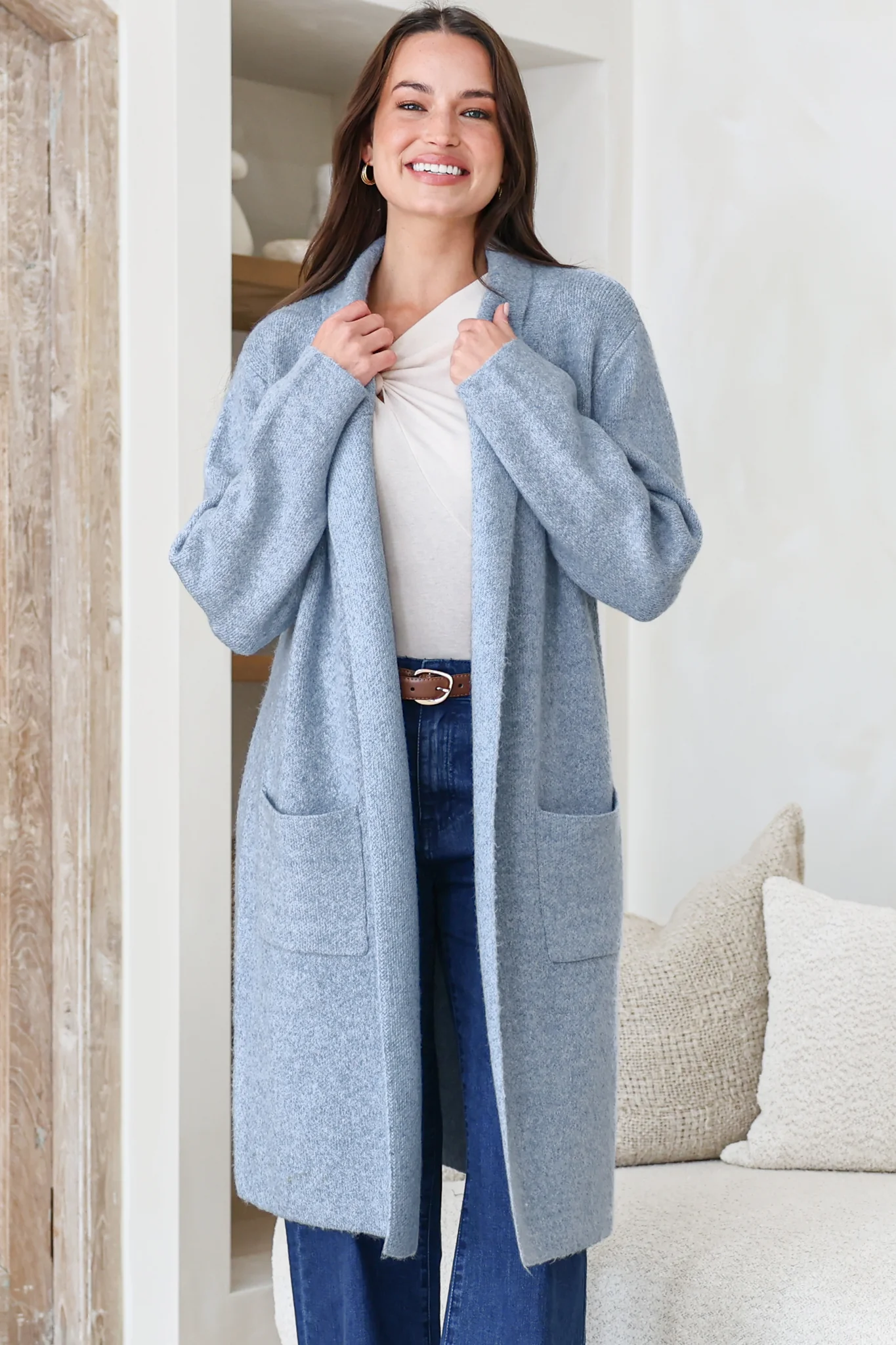 Samson Cardigan - Folded Lapel Collar Coatigan with Pockets in Blue - Image 3