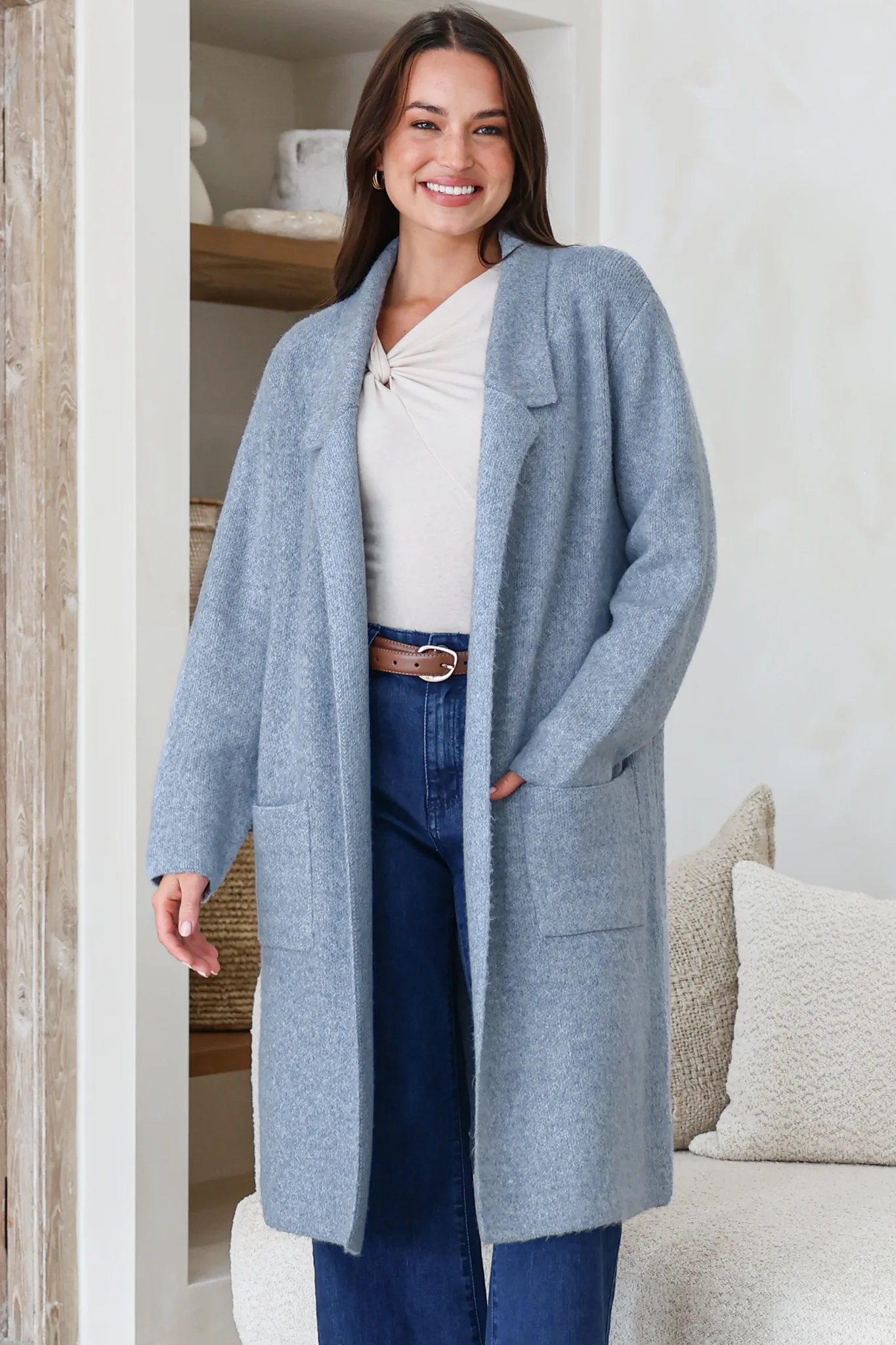 Samson Cardigan - Folded Lapel Collar Coatigan with Pockets in Blue - Image 4