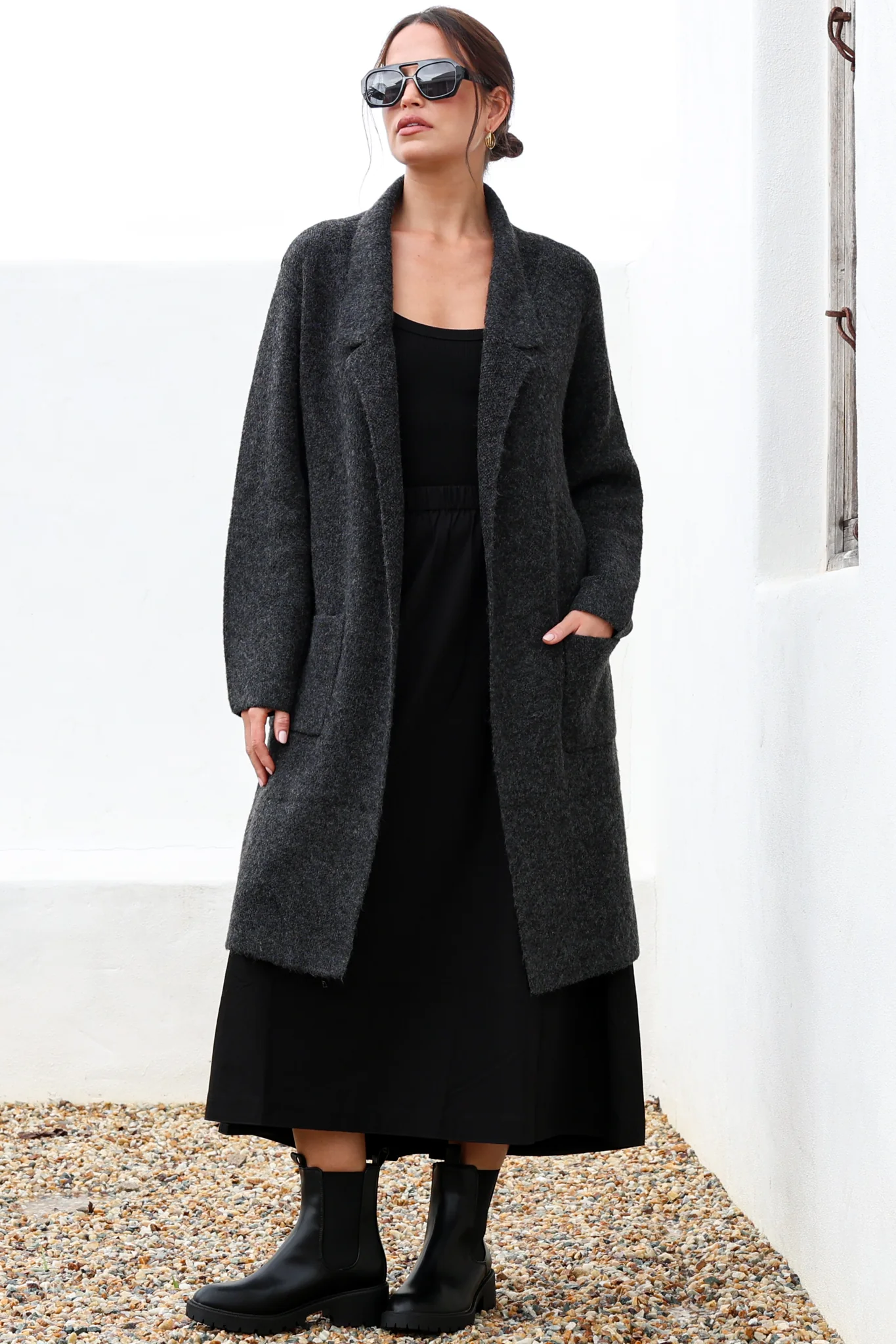 Samson Cardigan - Folded Lapel Collar Coatigan with Pockets in Charcoal
