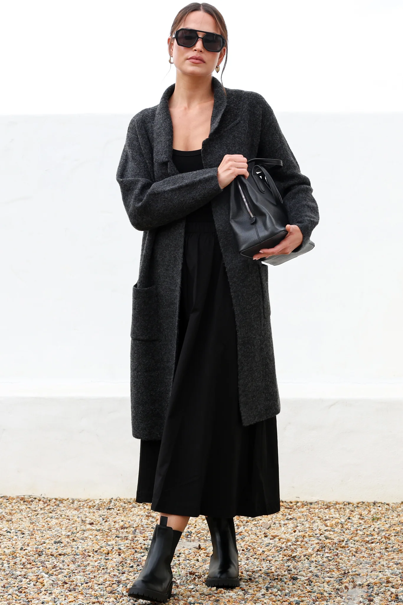 Samson Cardigan - Folded Lapel Collar Coatigan with Pockets in Charcoal - Image 2