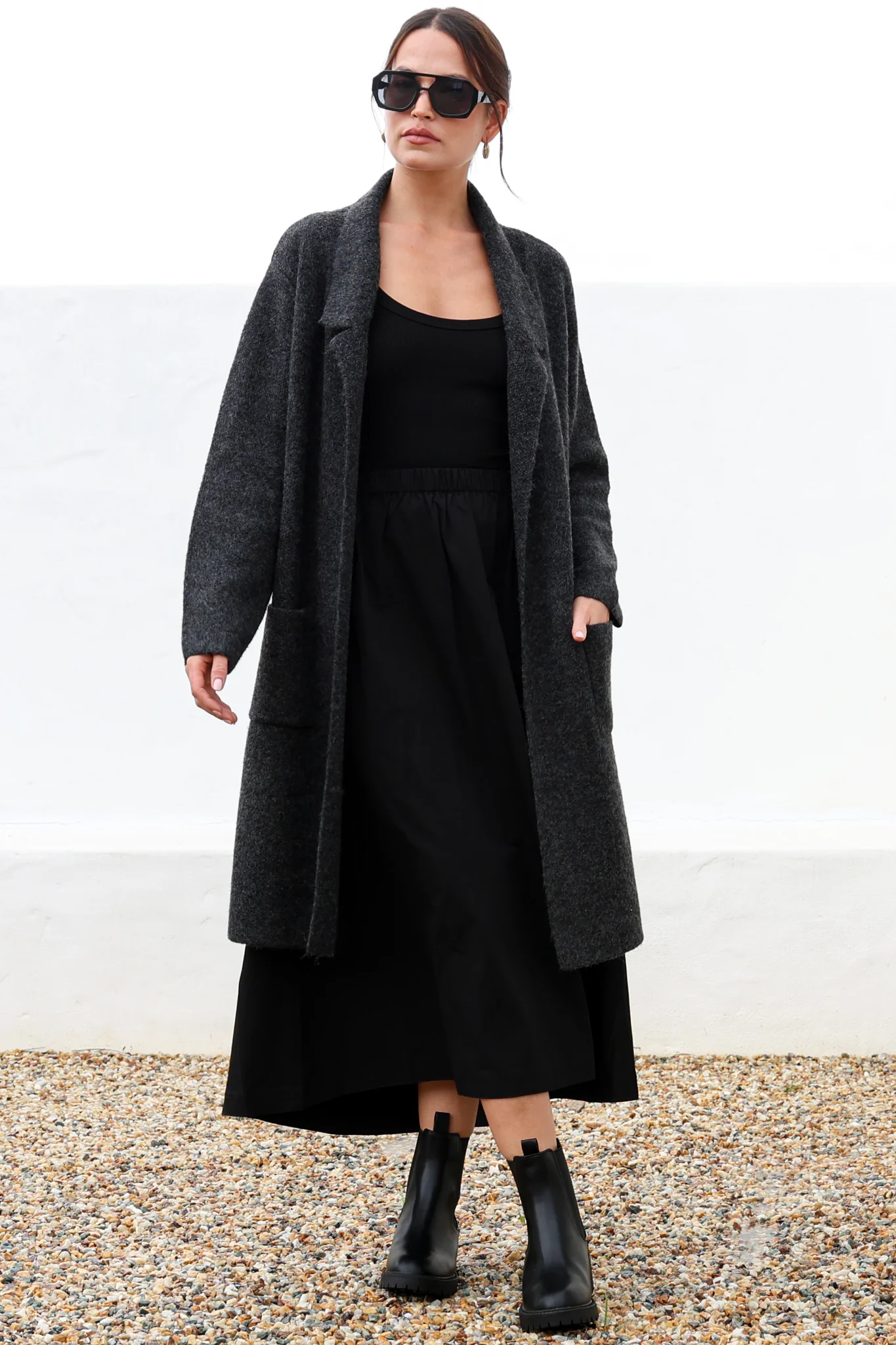 Samson Cardigan - Folded Lapel Collar Coatigan with Pockets in Charcoal - Image 3