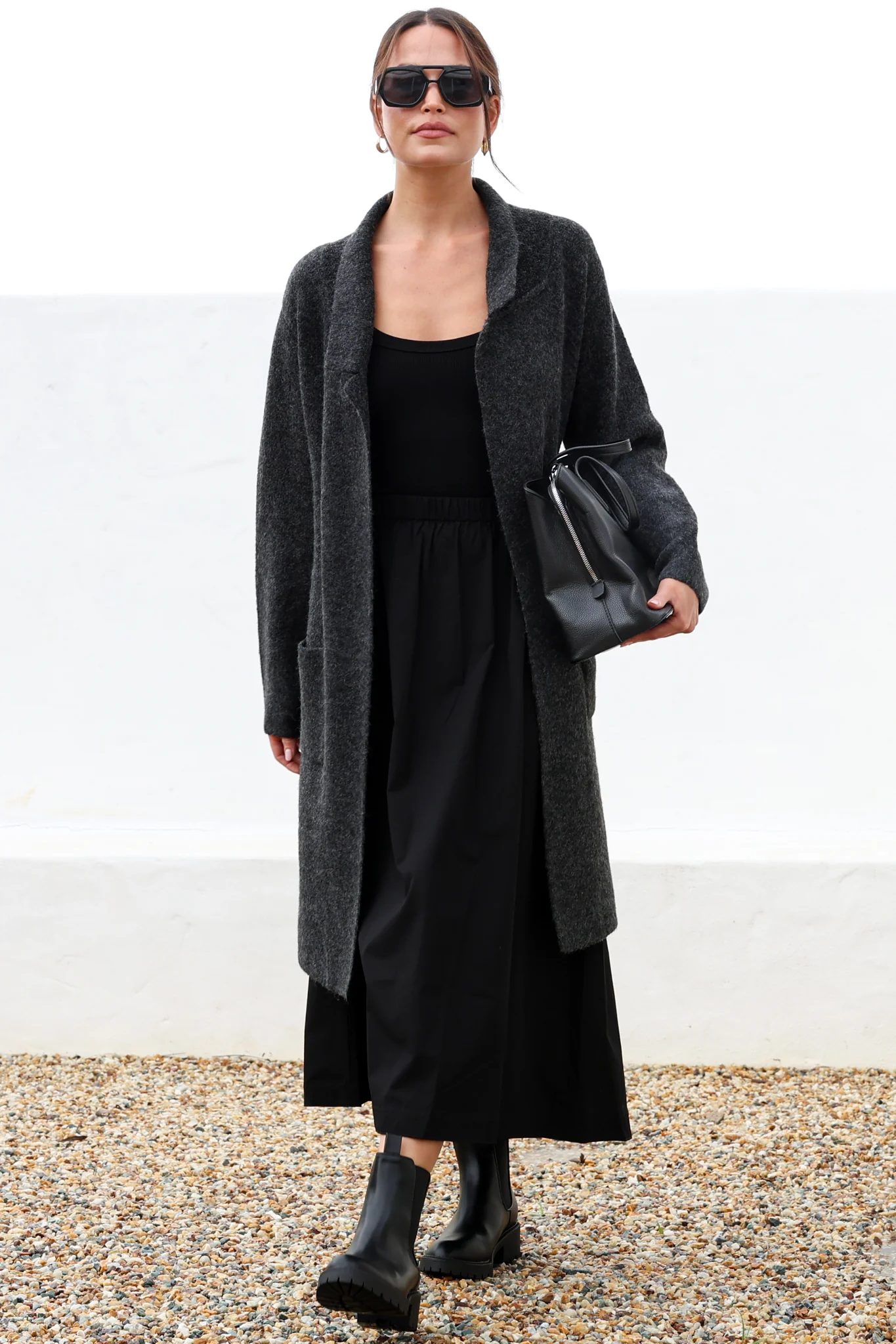 Samson Cardigan - Folded Lapel Collar Coatigan with Pockets in Charcoal - Image 4