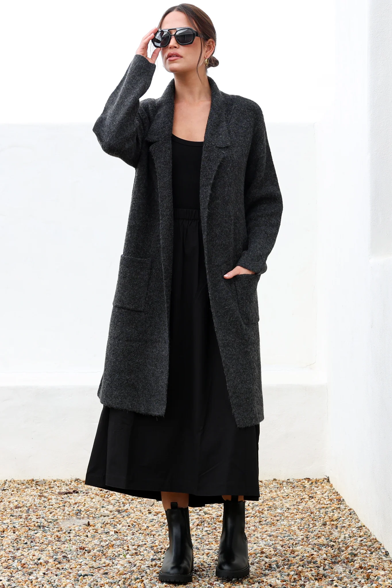 Samson Cardigan - Folded Lapel Collar Coatigan with Pockets in Charcoal - Image 5