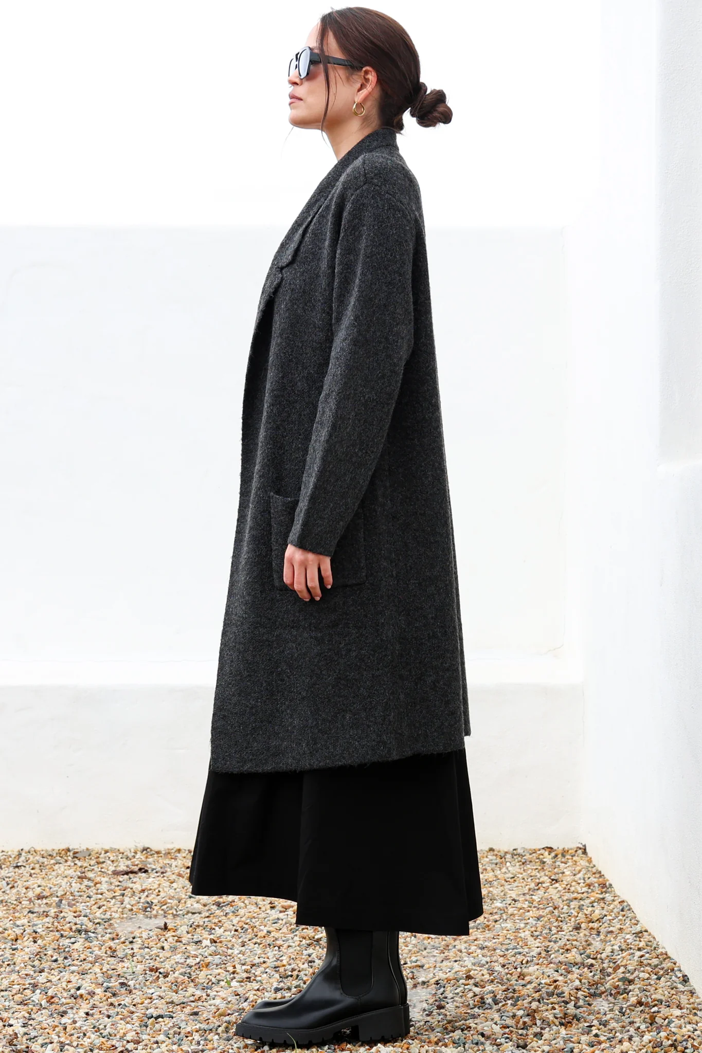 Samson Cardigan - Folded Lapel Collar Coatigan with Pockets in Charcoal - Image 6