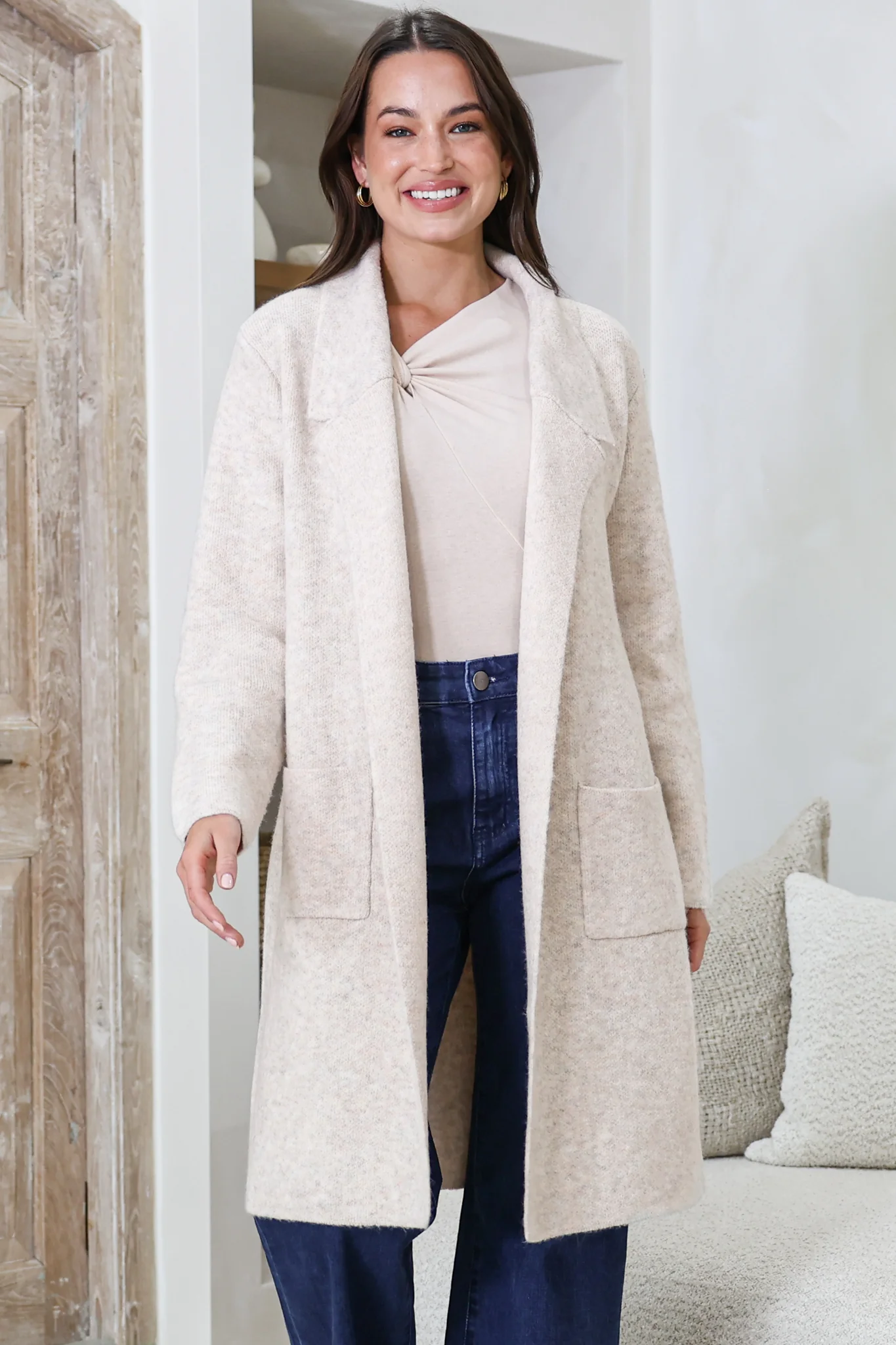 Samson Cardigan - Folded Lapel Collar Coatigan with Pockets in Oatmeal - Image 2
