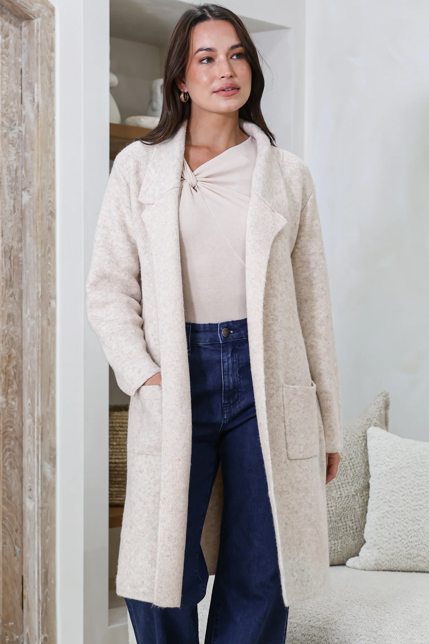 Samson Cardigan - Folded Lapel Collar Coatigan with Pockets in Oatmeal - Image 4