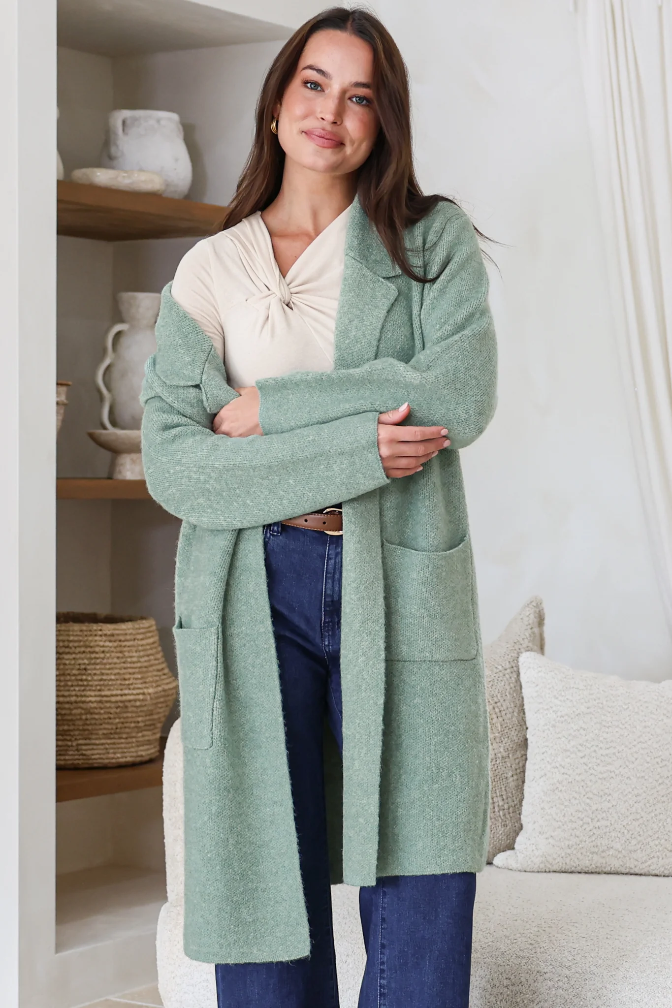Samson Cardigan - Folded Lapel Collar Coatigan with Pockets in Sage - Image 2