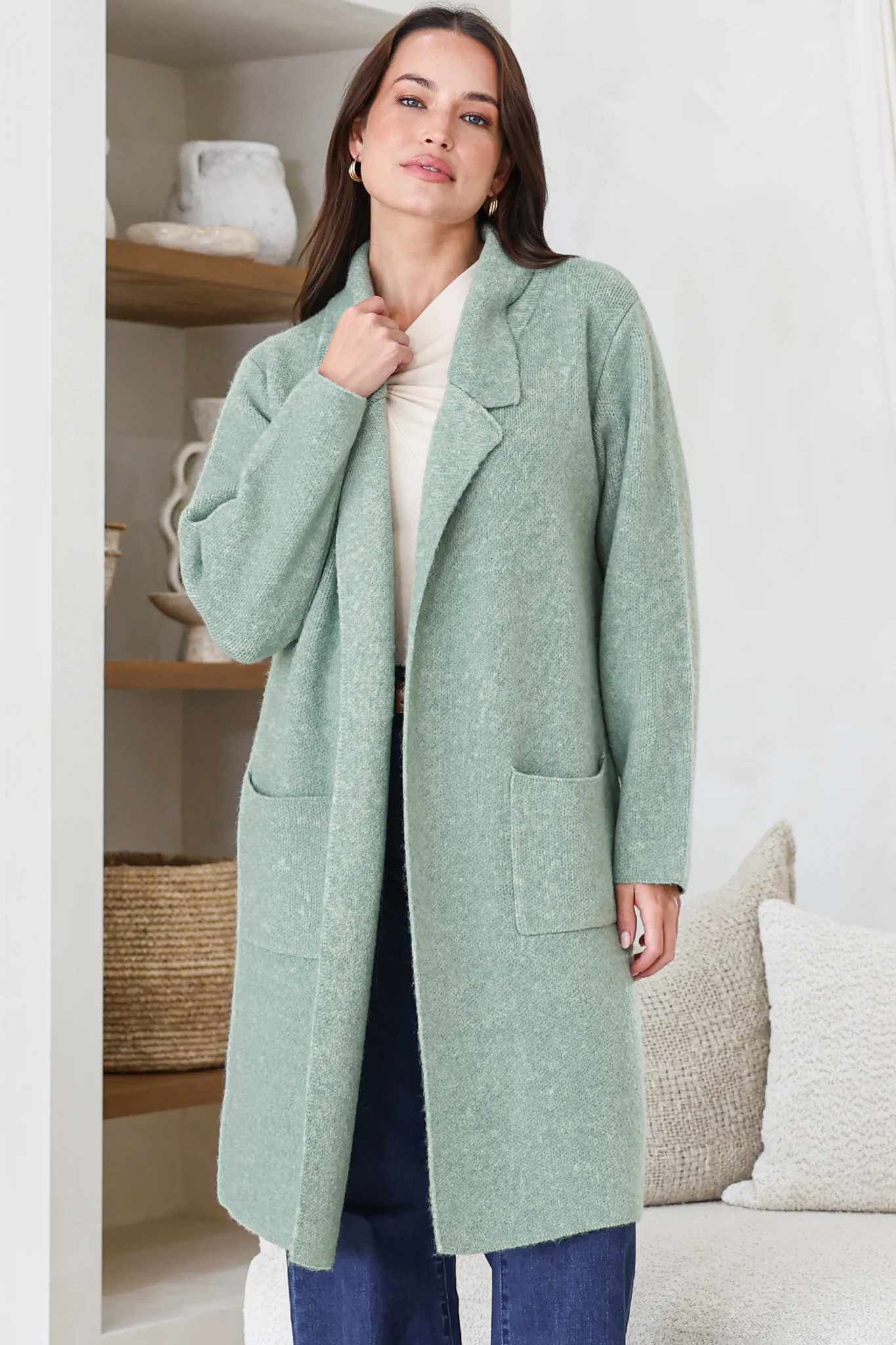 Samson Cardigan - Folded Lapel Collar Coatigan with Pockets in Sage - Image 3