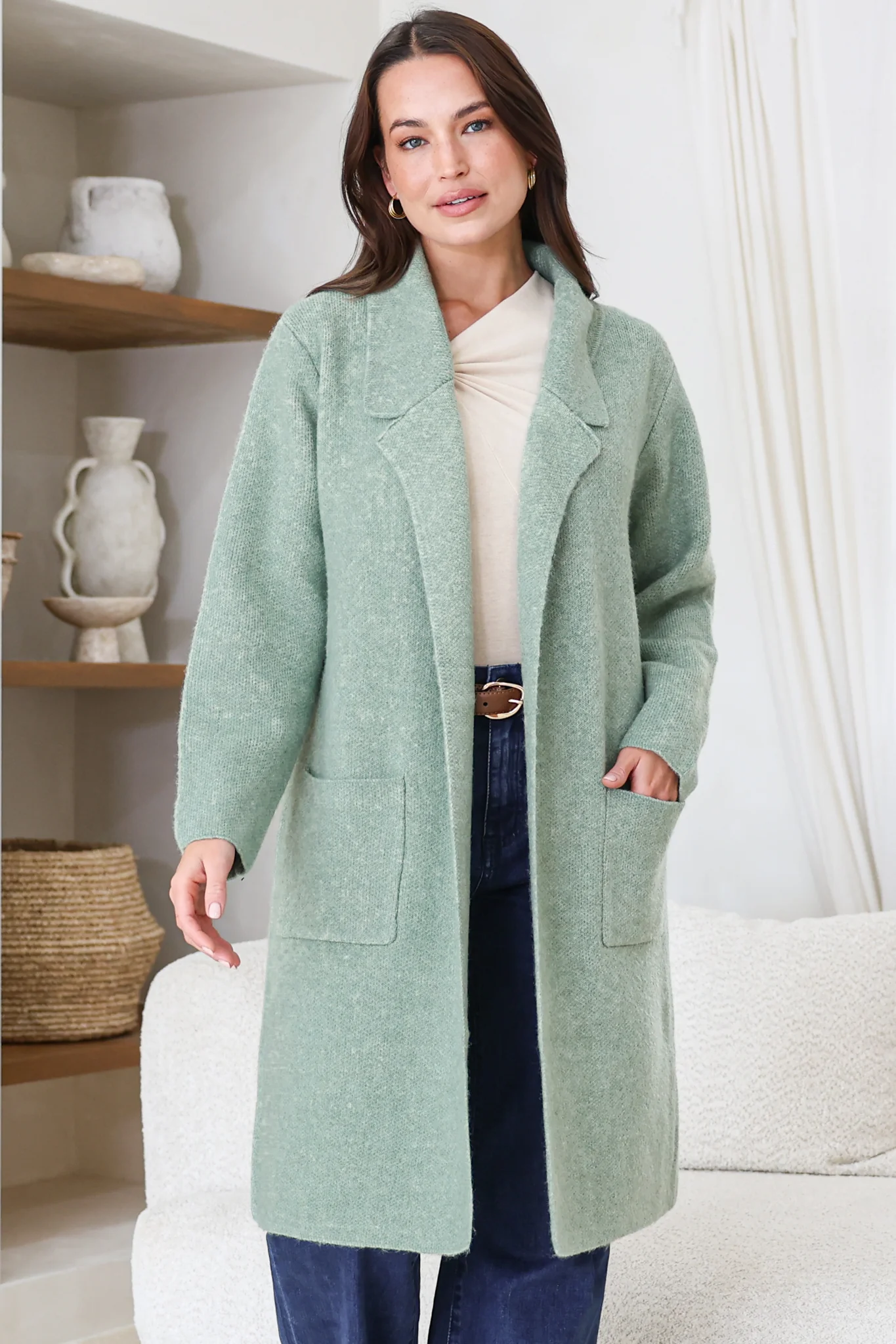 Samson Cardigan - Folded Lapel Collar Coatigan with Pockets in Sage - Image 4