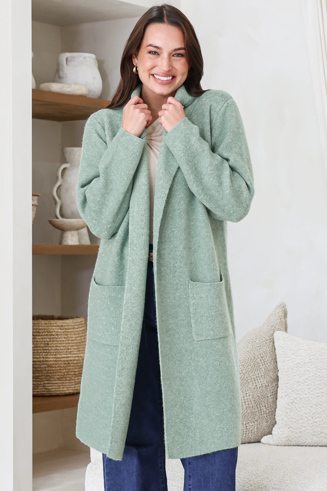 Samson Cardigan - Folded Lapel Collar Coatigan with Pockets in Sage - Image 5