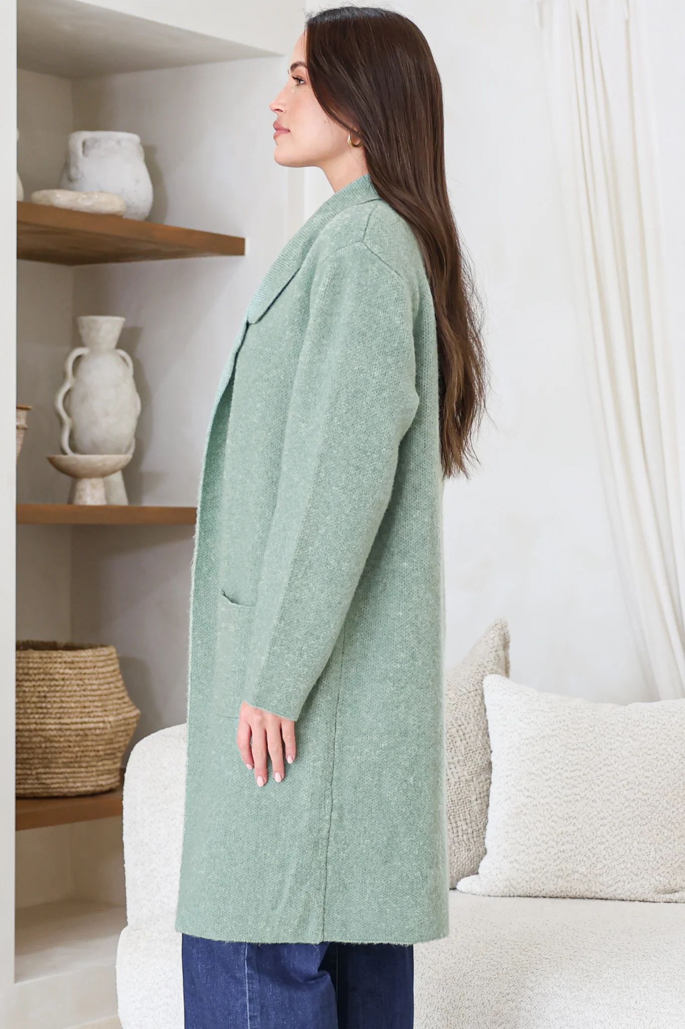 Samson Cardigan - Folded Lapel Collar Coatigan with Pockets in Sage - Image 6