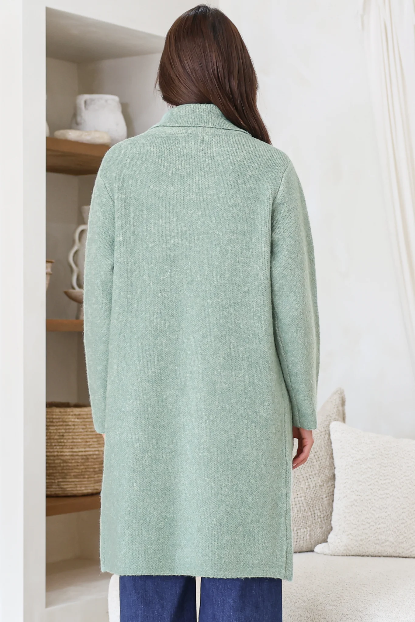 Samson Cardigan - Folded Lapel Collar Coatigan with Pockets in Sage - Image 7