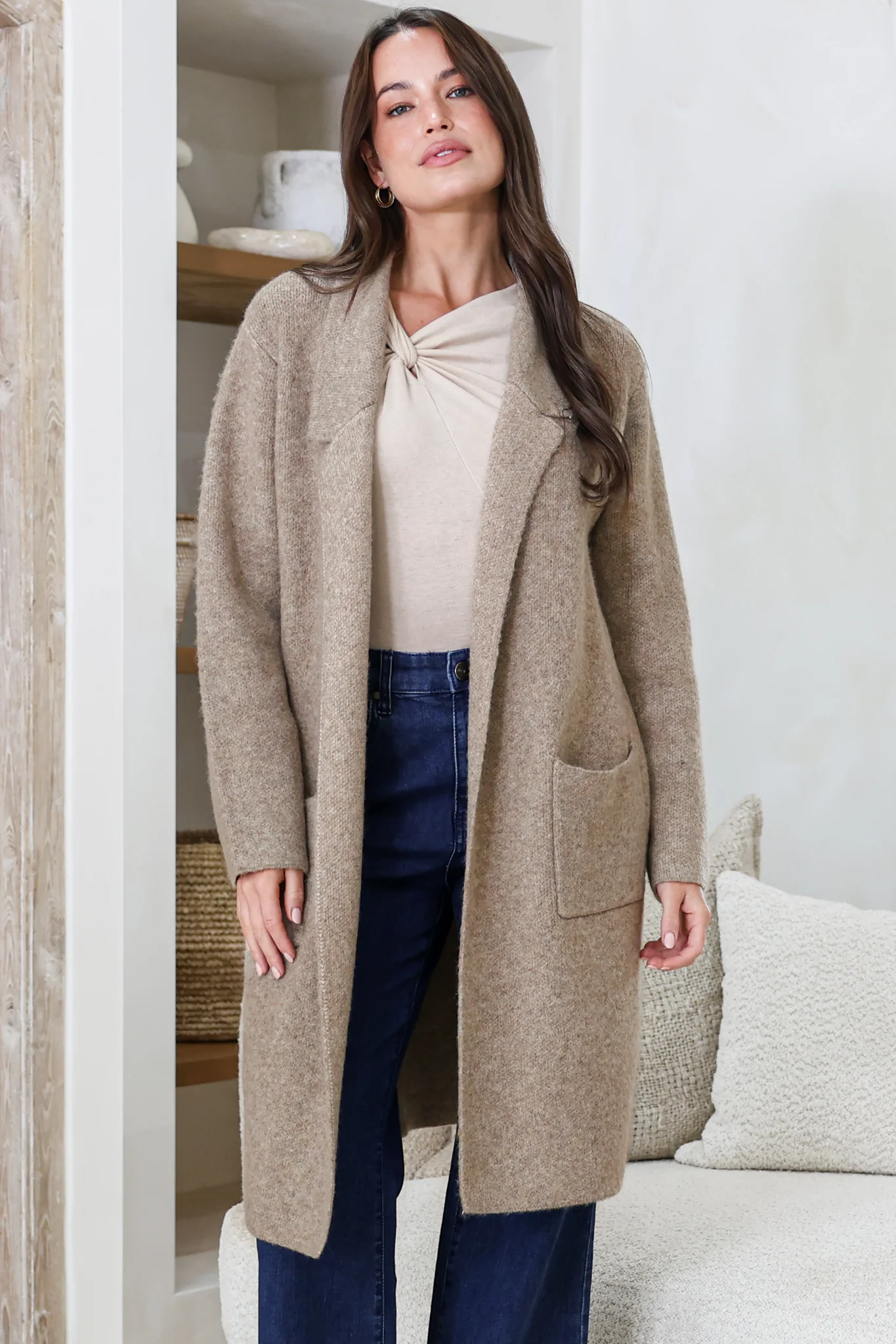 Samson Cardigan - Folded Lapel Collar Coatigan with Pockets in Taupe - Image 2
