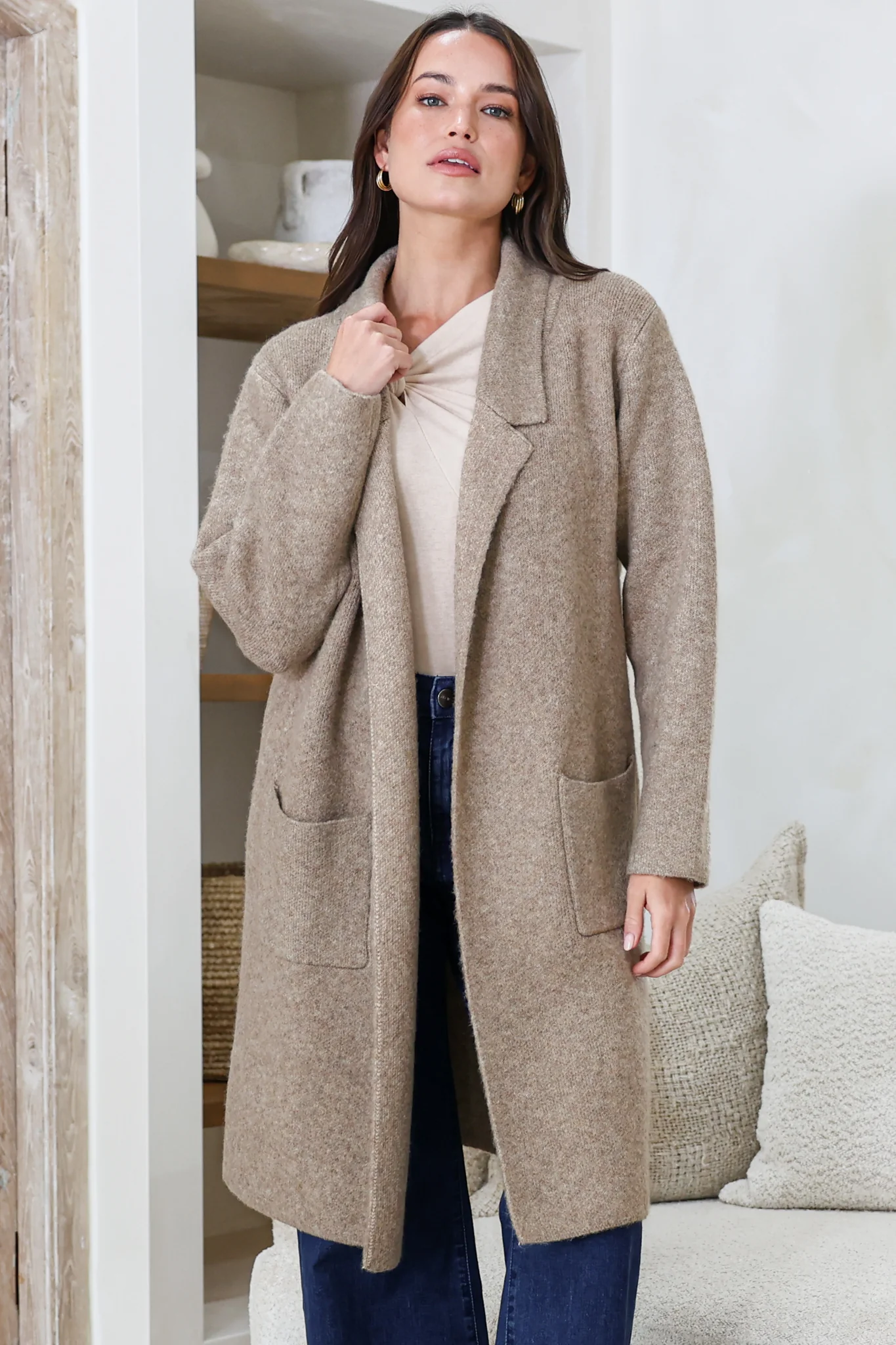 Samson Cardigan - Folded Lapel Collar Coatigan with Pockets in Taupe - Image 3