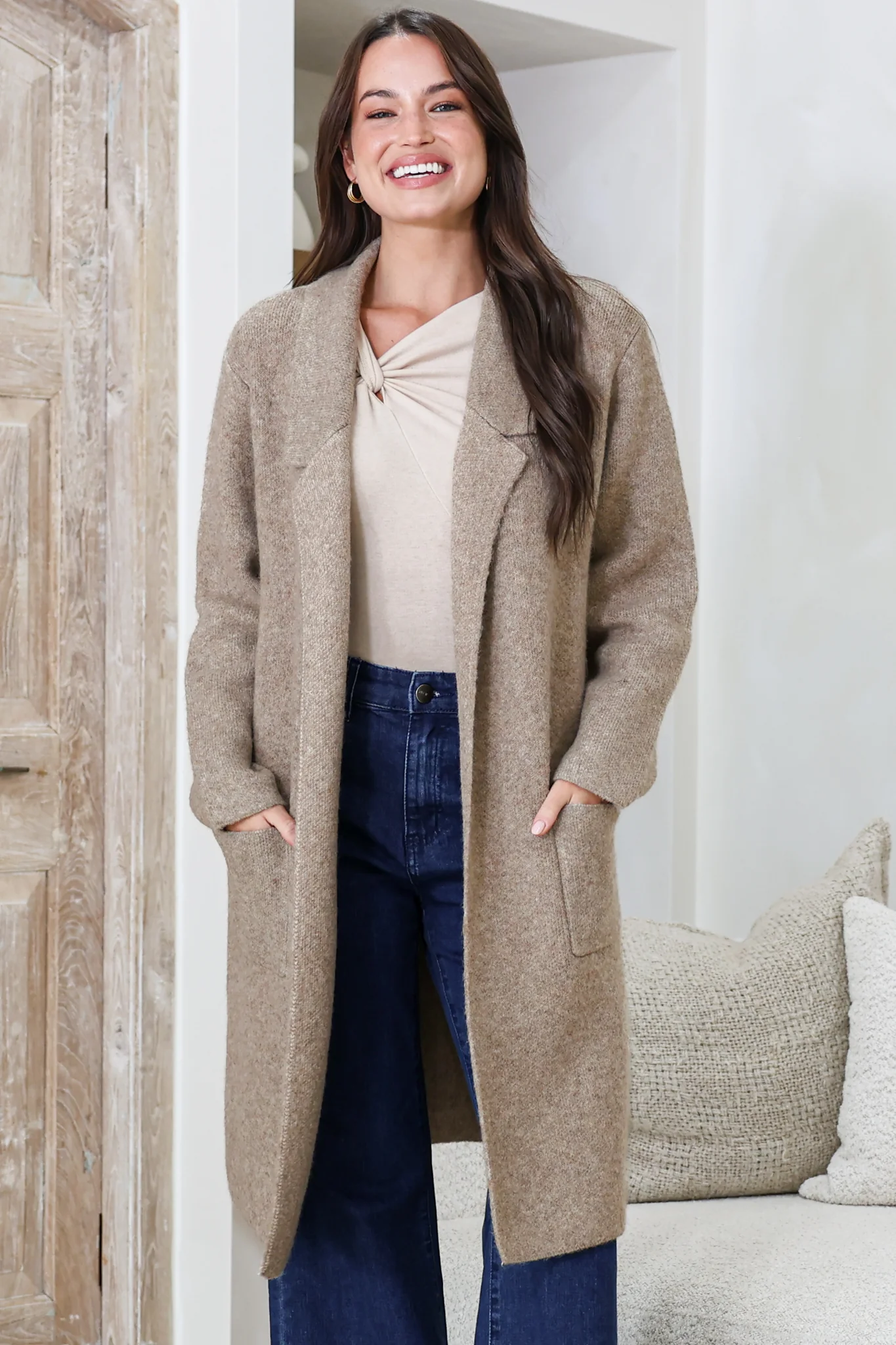 Samson Cardigan - Folded Lapel Collar Coatigan with Pockets in Taupe - Image 4